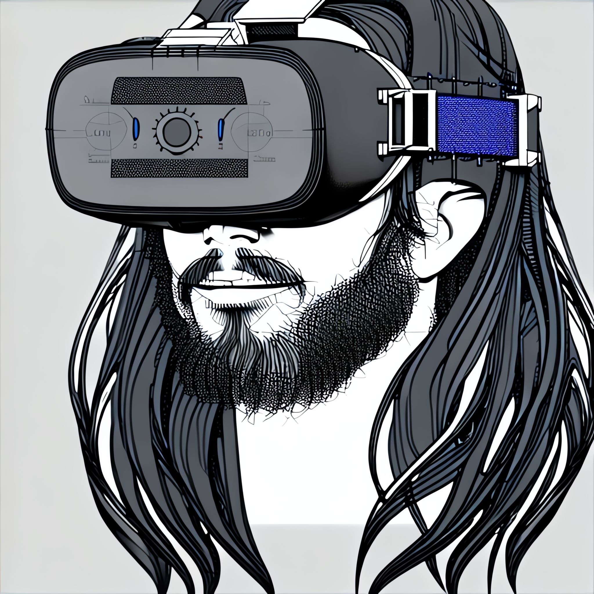 Line drawing of a person with long hair wearing a VR headset.