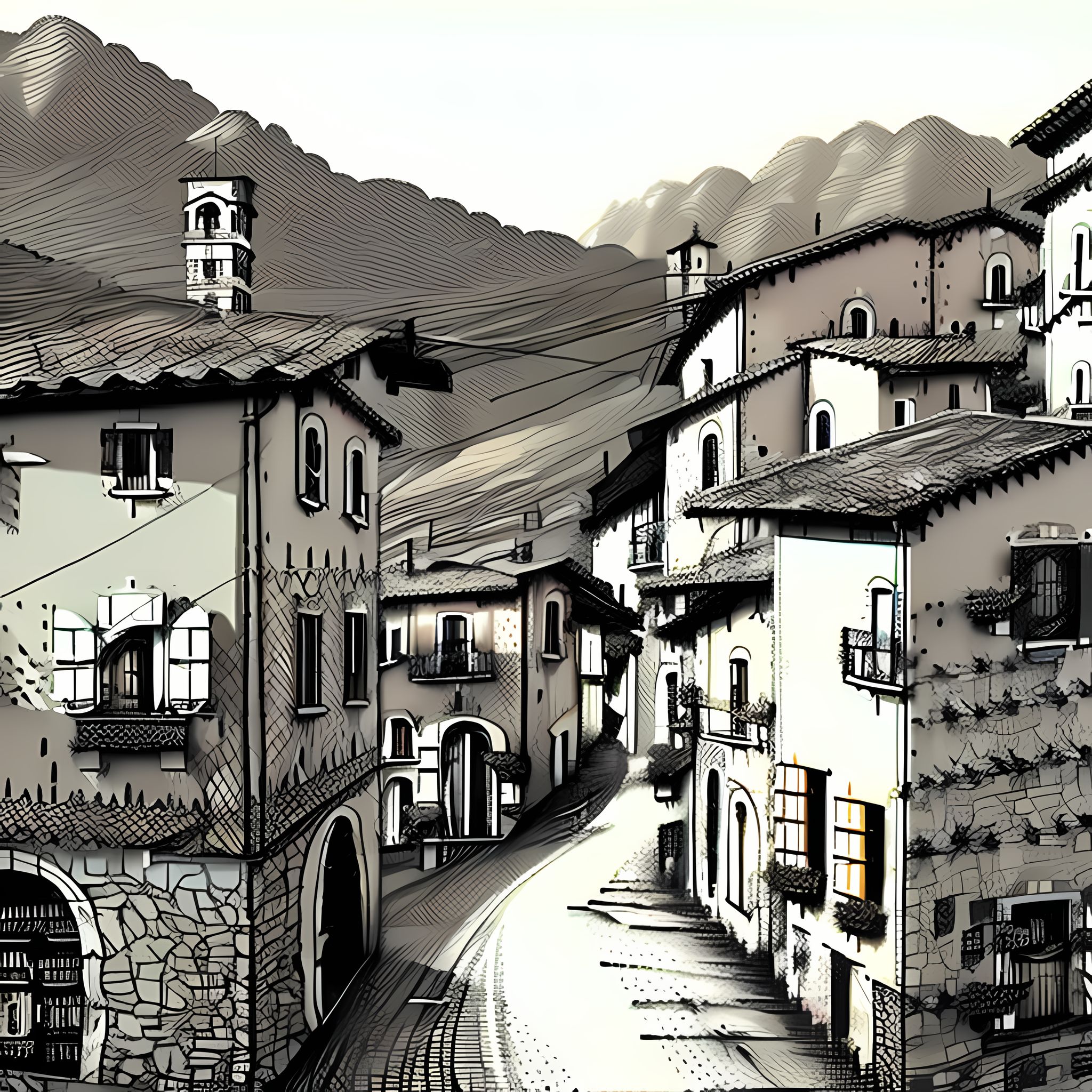Line art illustration of an Italian mountain village.