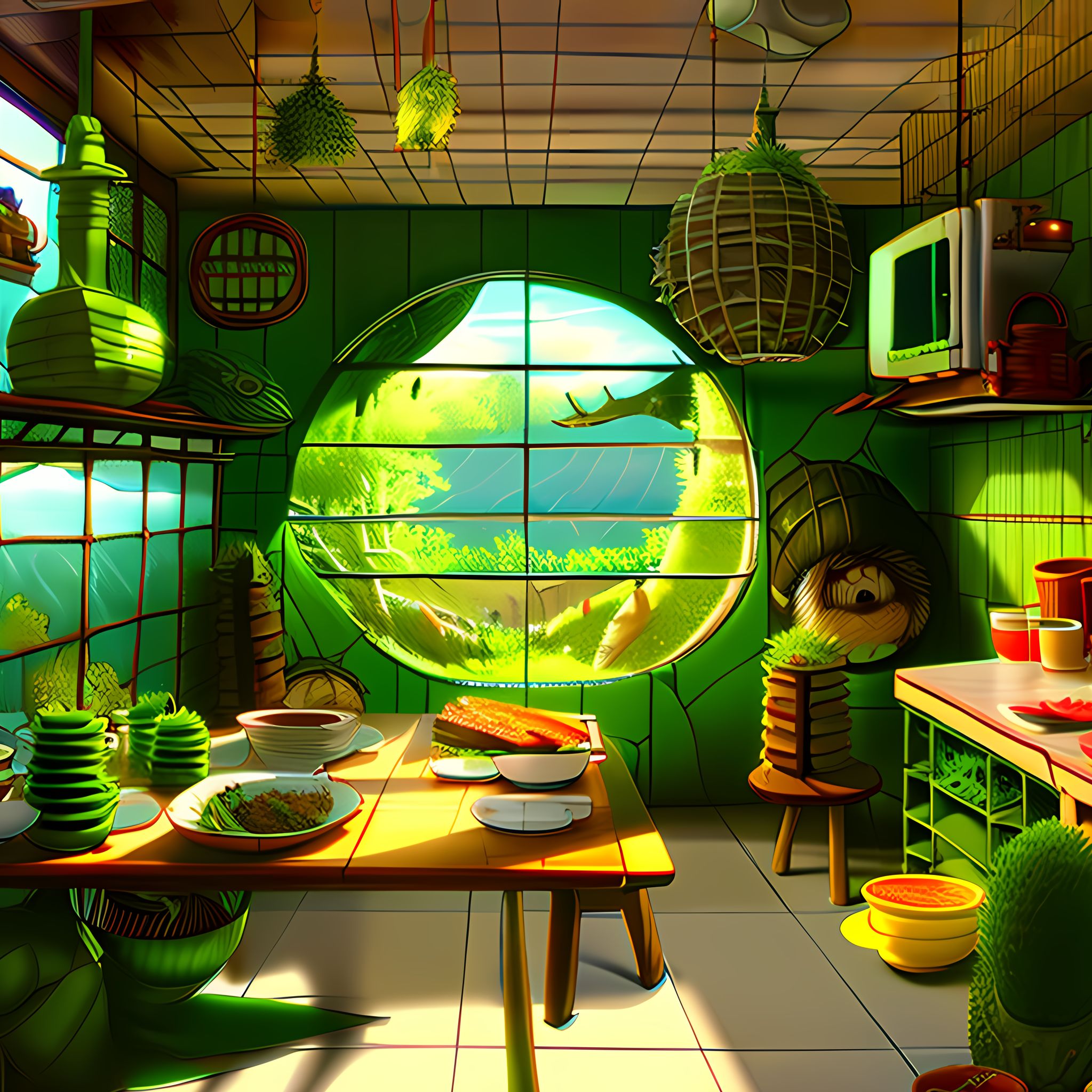 Japanese-style kitchen with large circular window overlooking a green landscape, table set with food, and Totoro-like character.