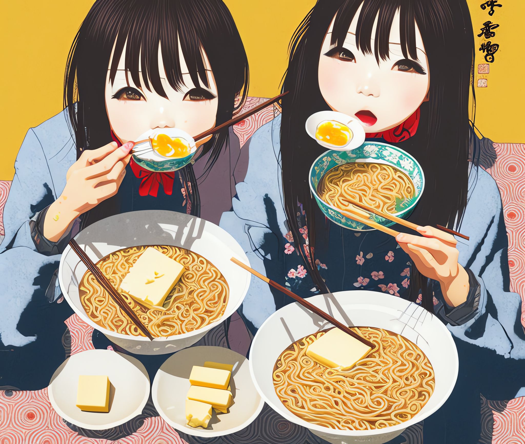Two anime girls enjoying butter ramen.