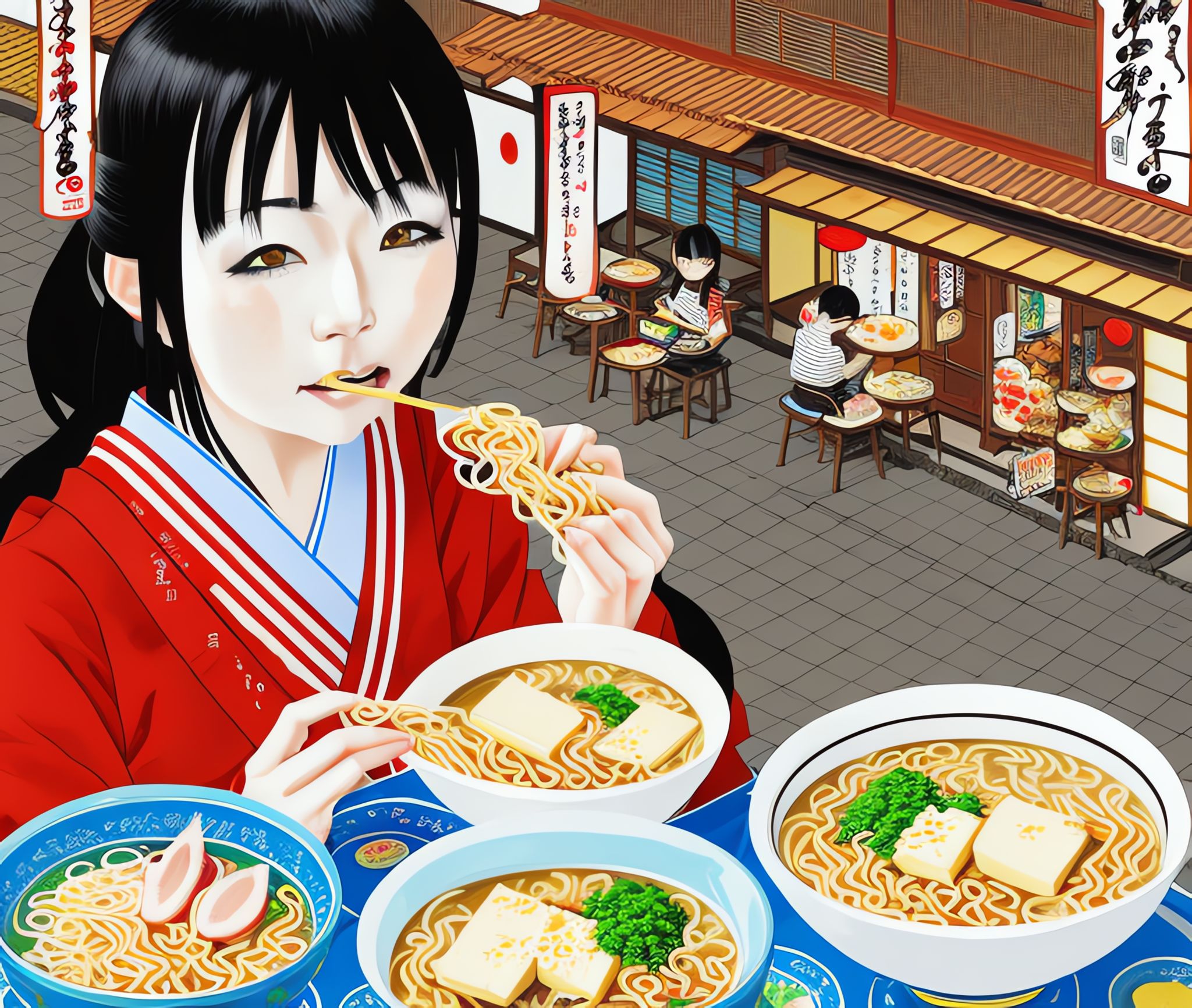 Anime-style illustration of a girl in a red kimono eating ramen in a Japanese street setting.