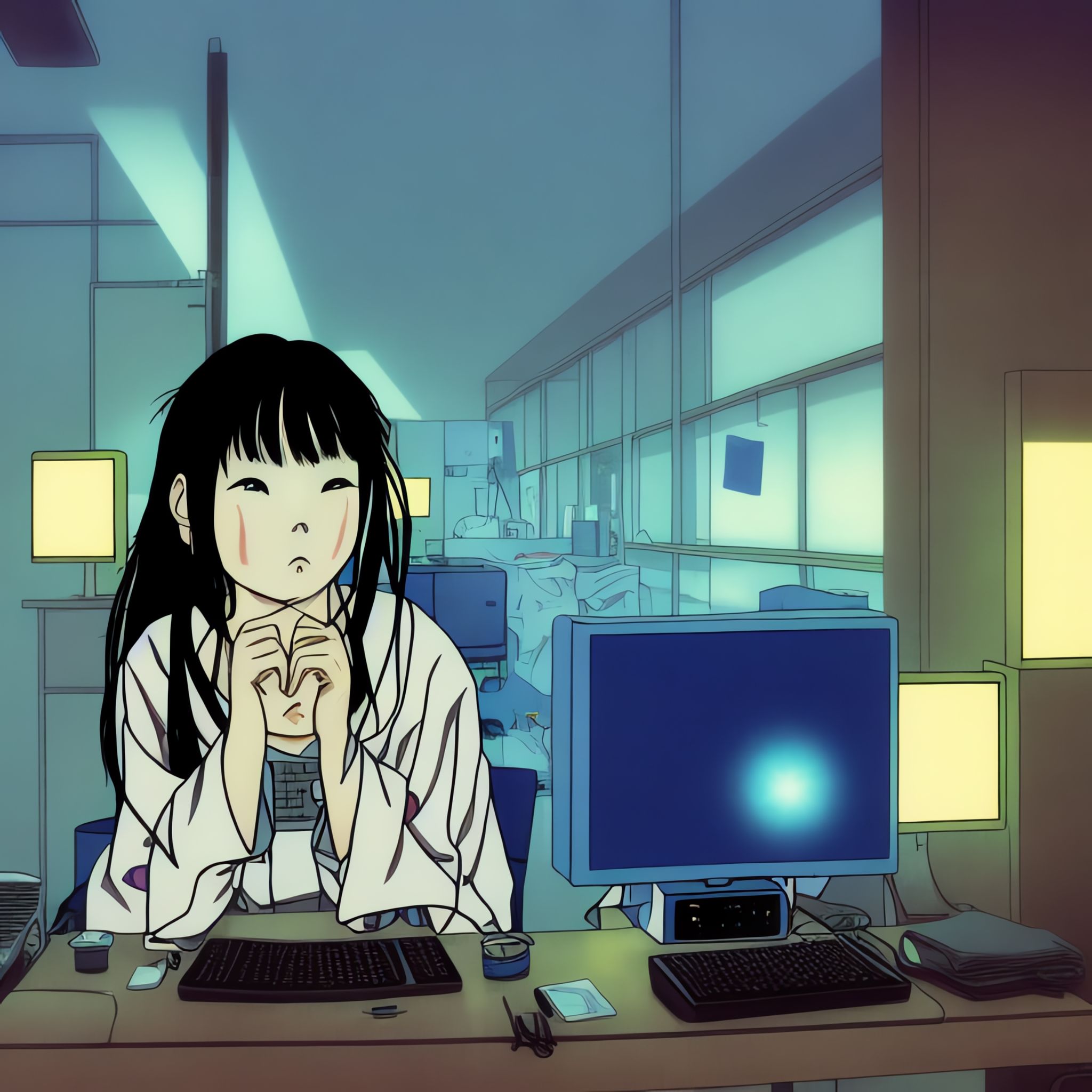 Anime-style illustration of a girl sitting at a desk with two computers, hands clasped in front of her.