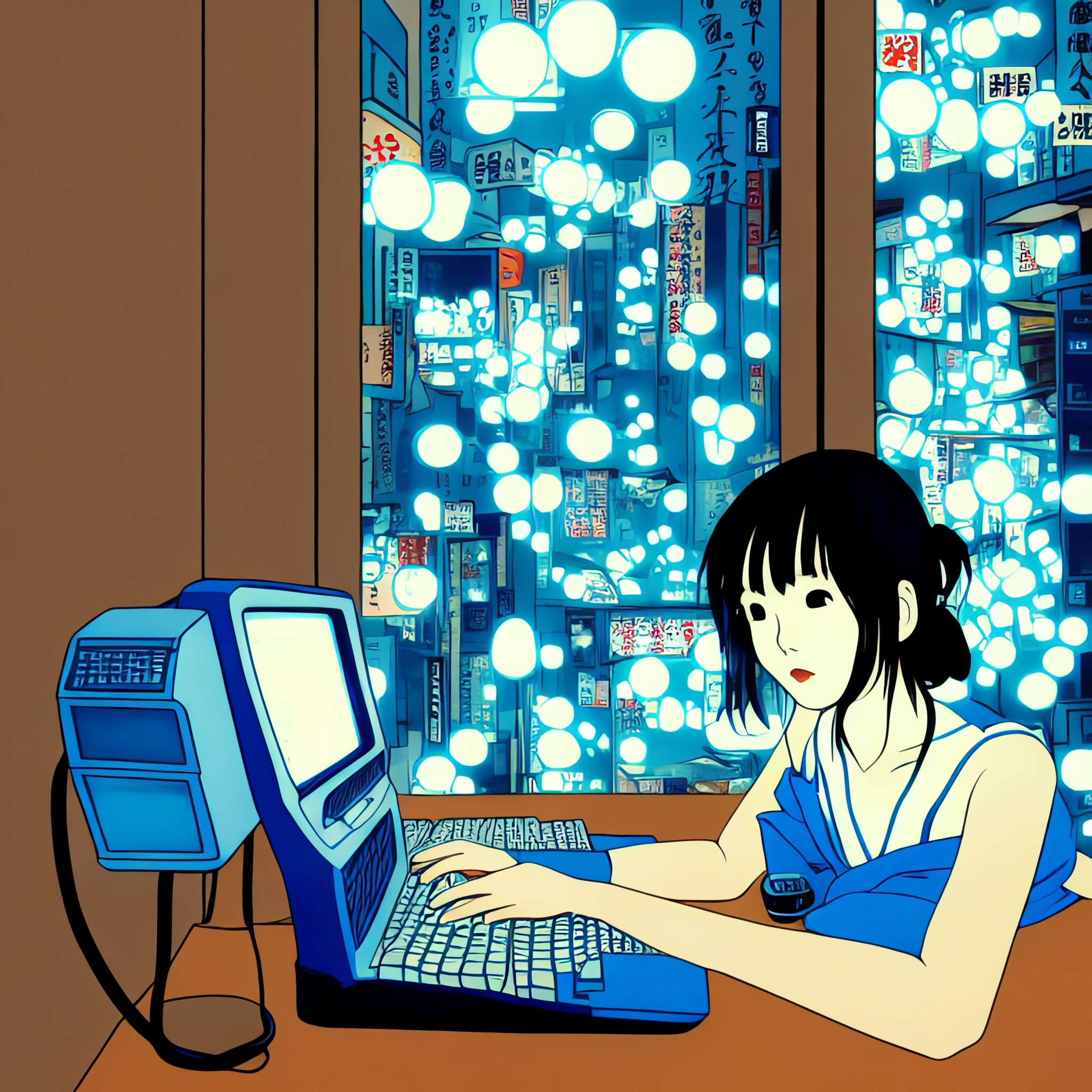 Anime-style illustration of a girl using a 90s-style computer at night.