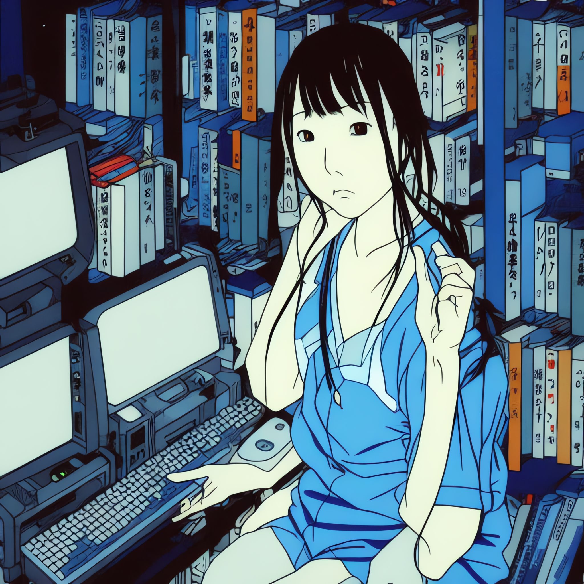 Anime-style close-up of a girl with black hair, wearing a blue shirt, sitting at a computer surrounded by bookshelves.