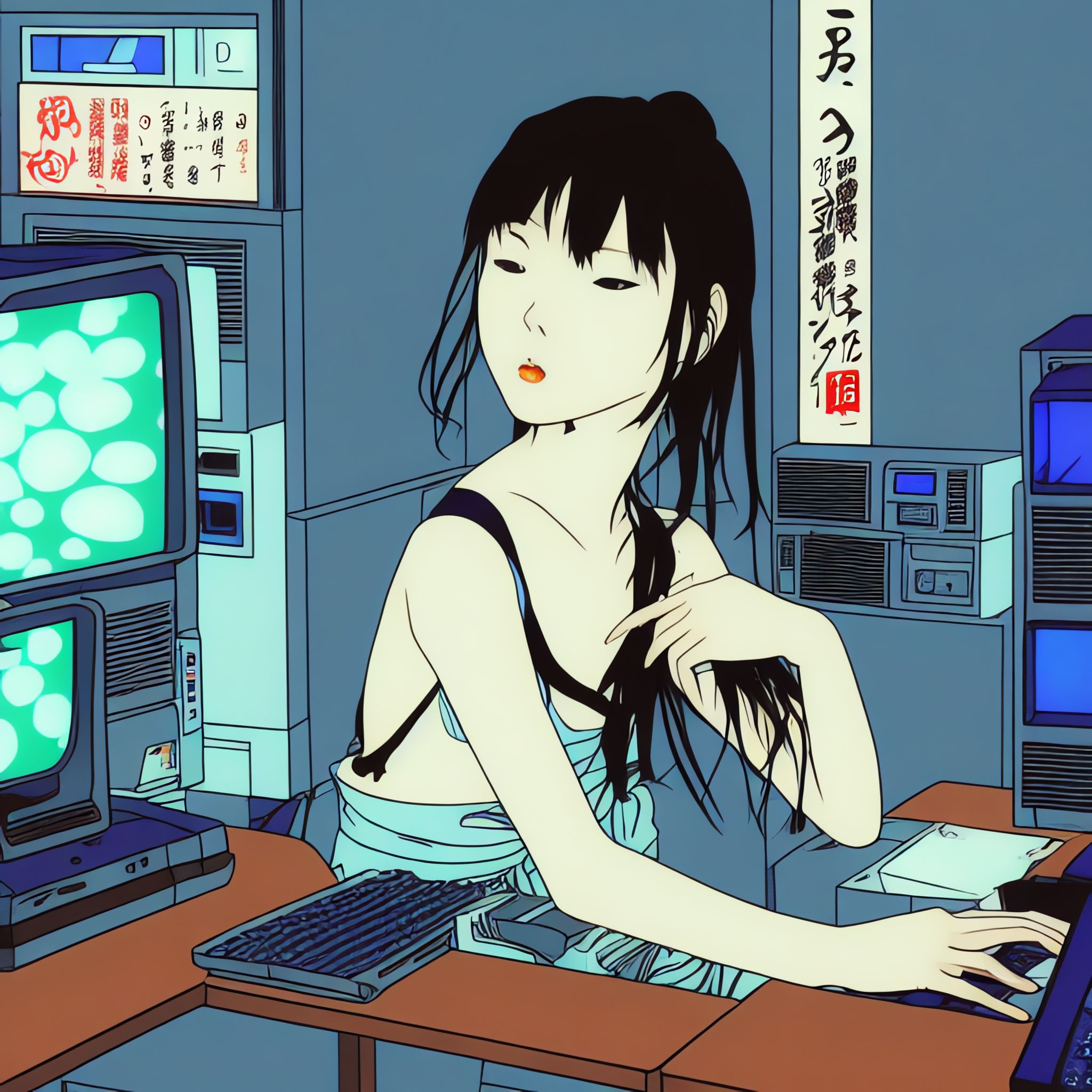 Anime-style close-up of a young woman with dark hair using a 90s-era computer.
