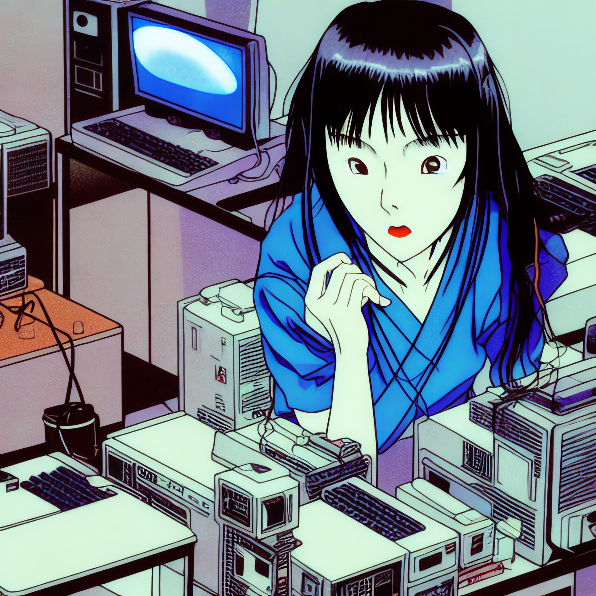 Close-up of an anime-style girl in a blue shirt surrounded by 1990s-era computers.