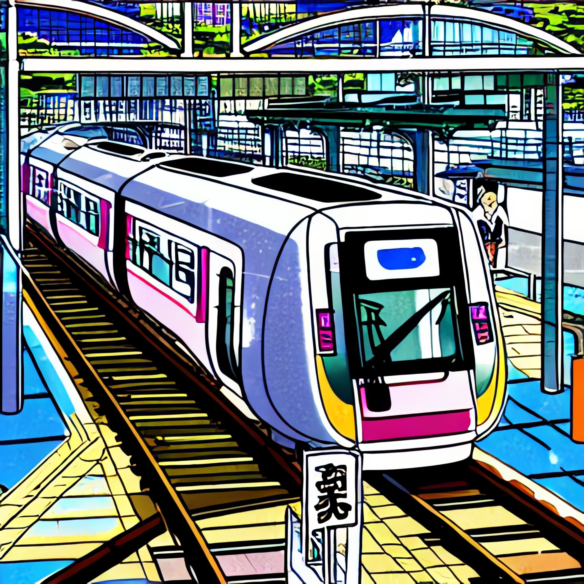 Stylized illustration of a Japanese metro train at a seaside station.