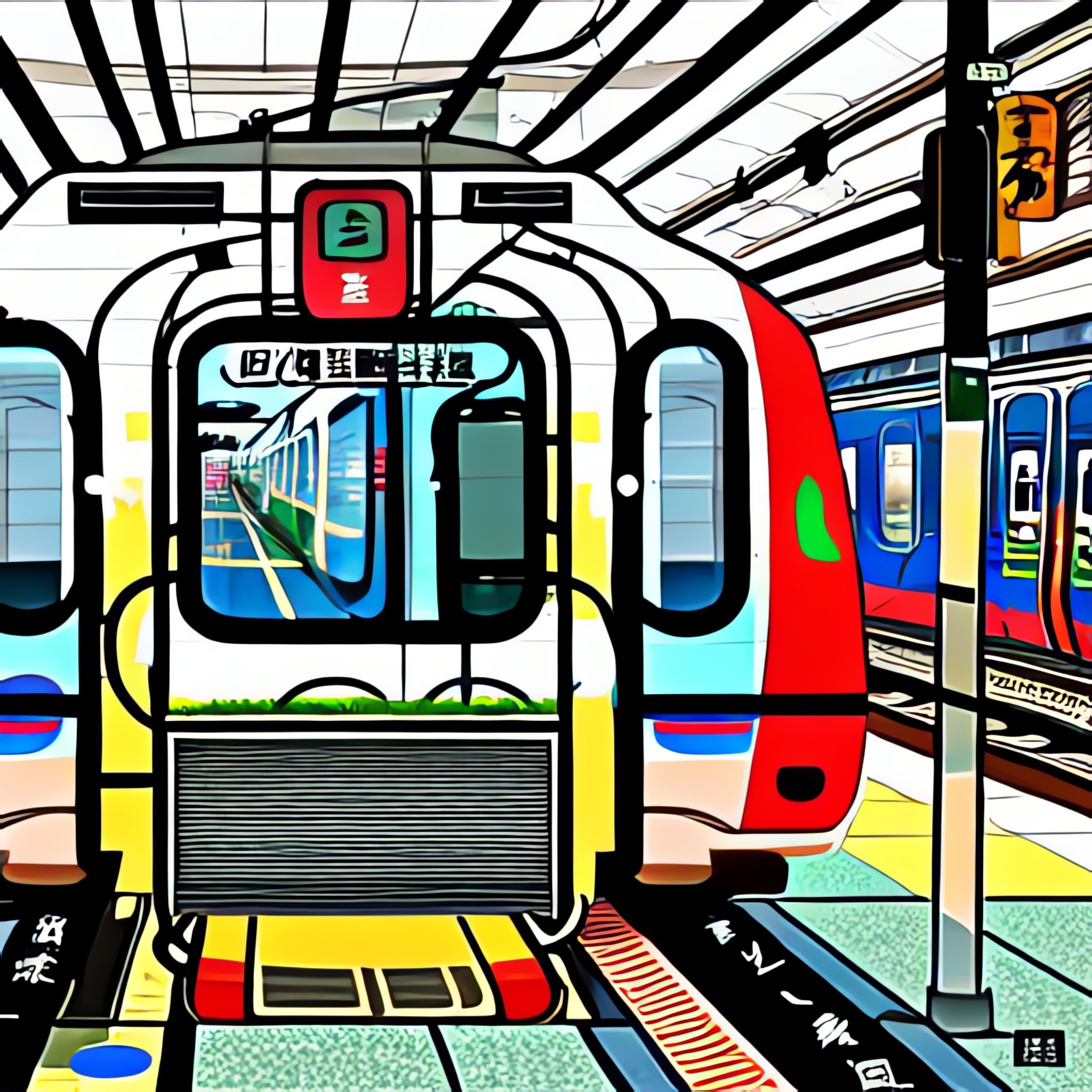 Stylized illustration of a Japanese metro train at a seaside station.