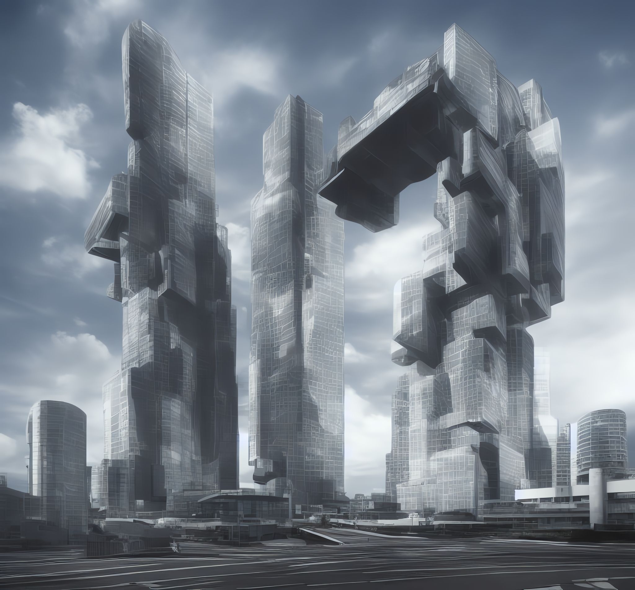 Futuristic, monolithic skyscrapers against a cloudy sky.