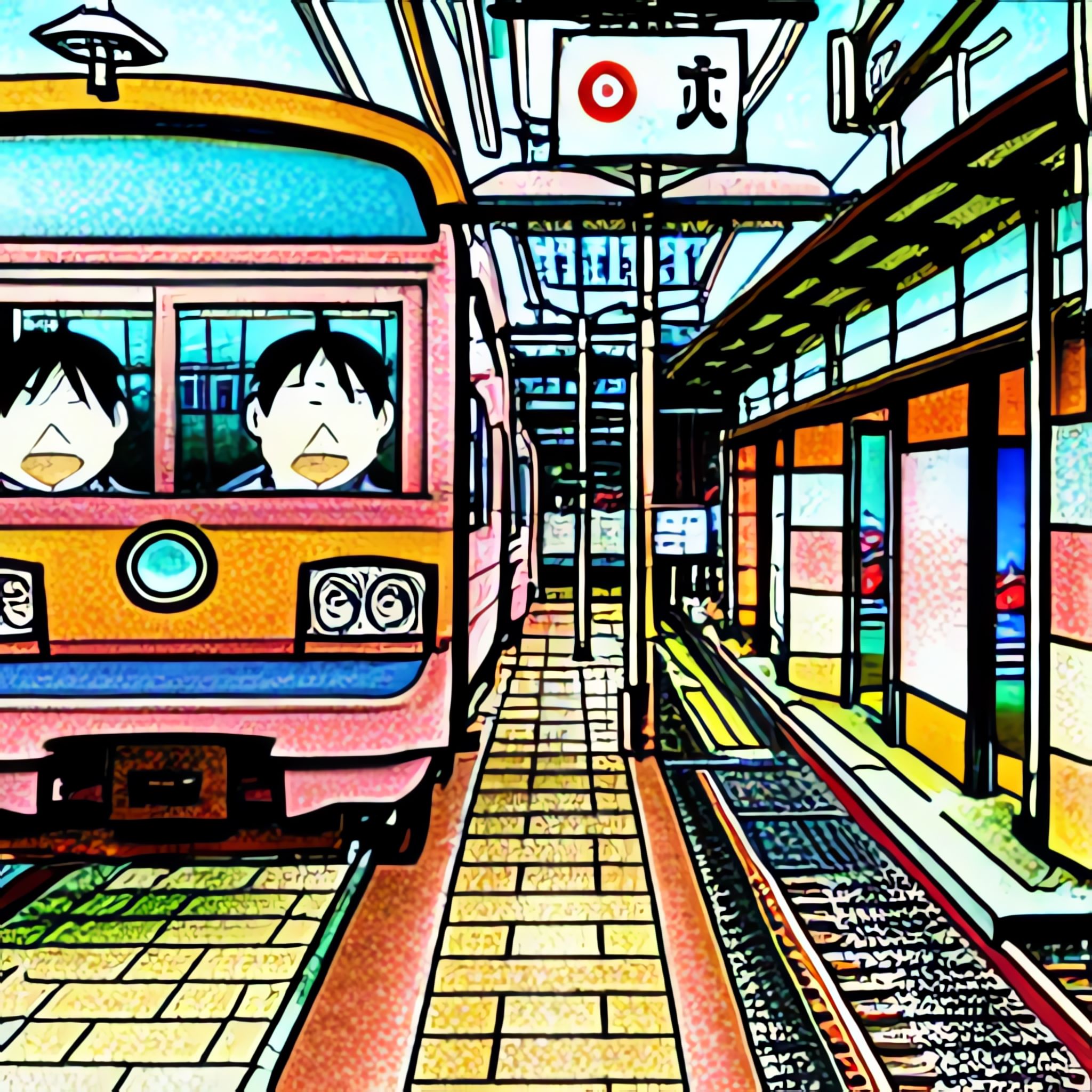 Cartoon illustration of a Japanese seaside train arriving at a station.