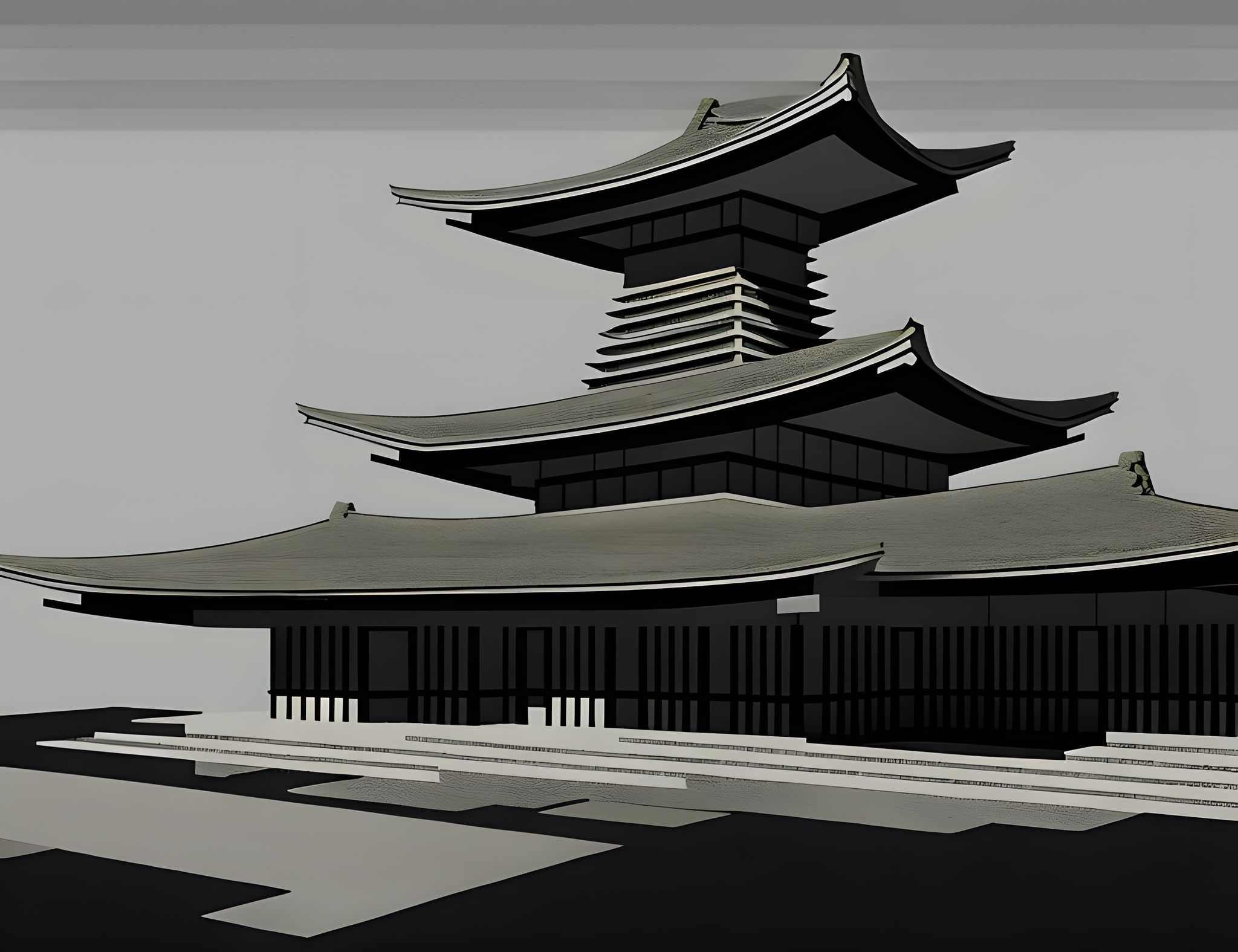 Concept art of a brutalist Japanese temple.