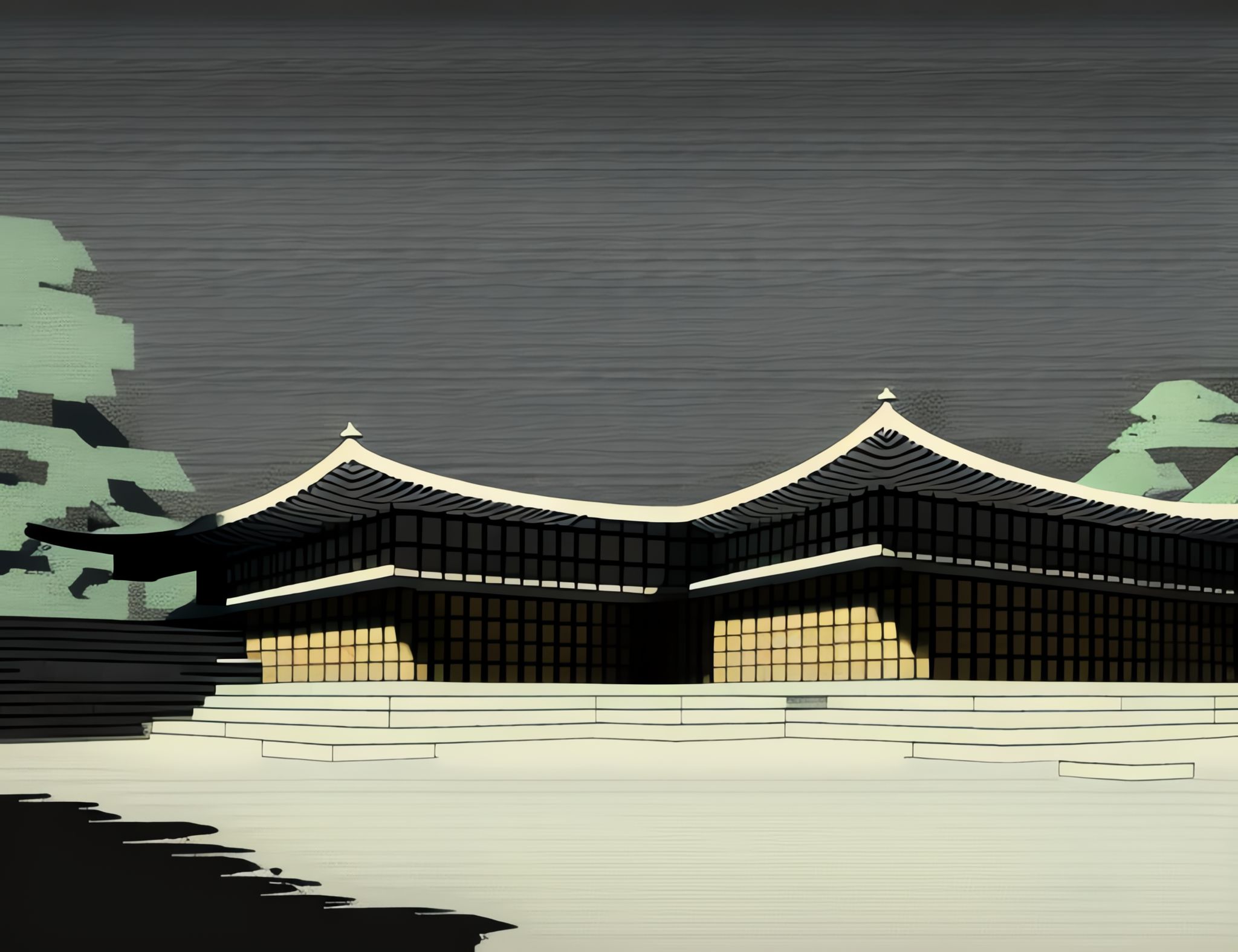 Concept art: Brutalist Japanese temple with dark roof and pale yellow walls.