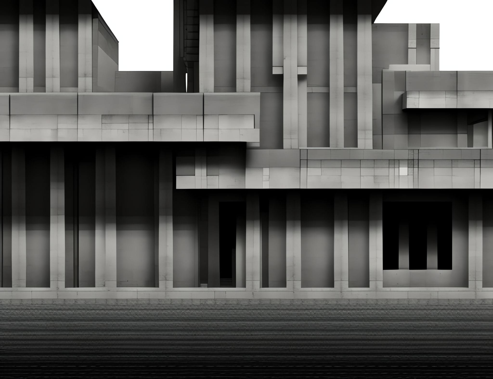 Black and white concept art of a Brutalist Japanese temple.