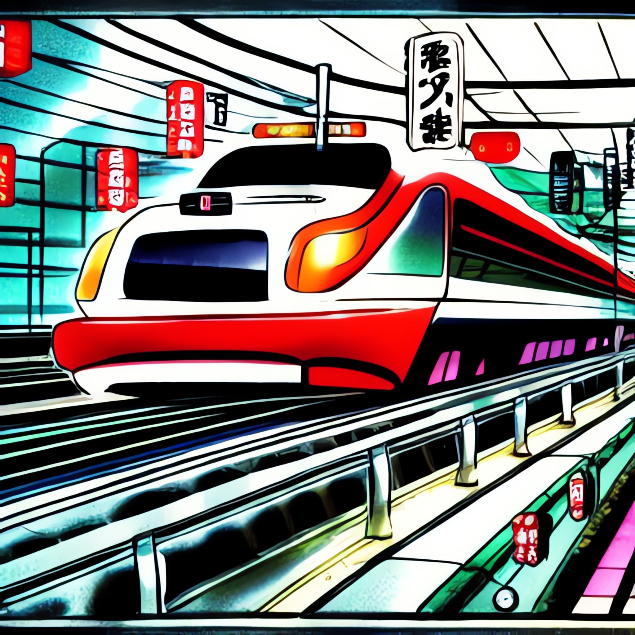 Anime-style illustration of a high-speed train in Neo-Tokyo.