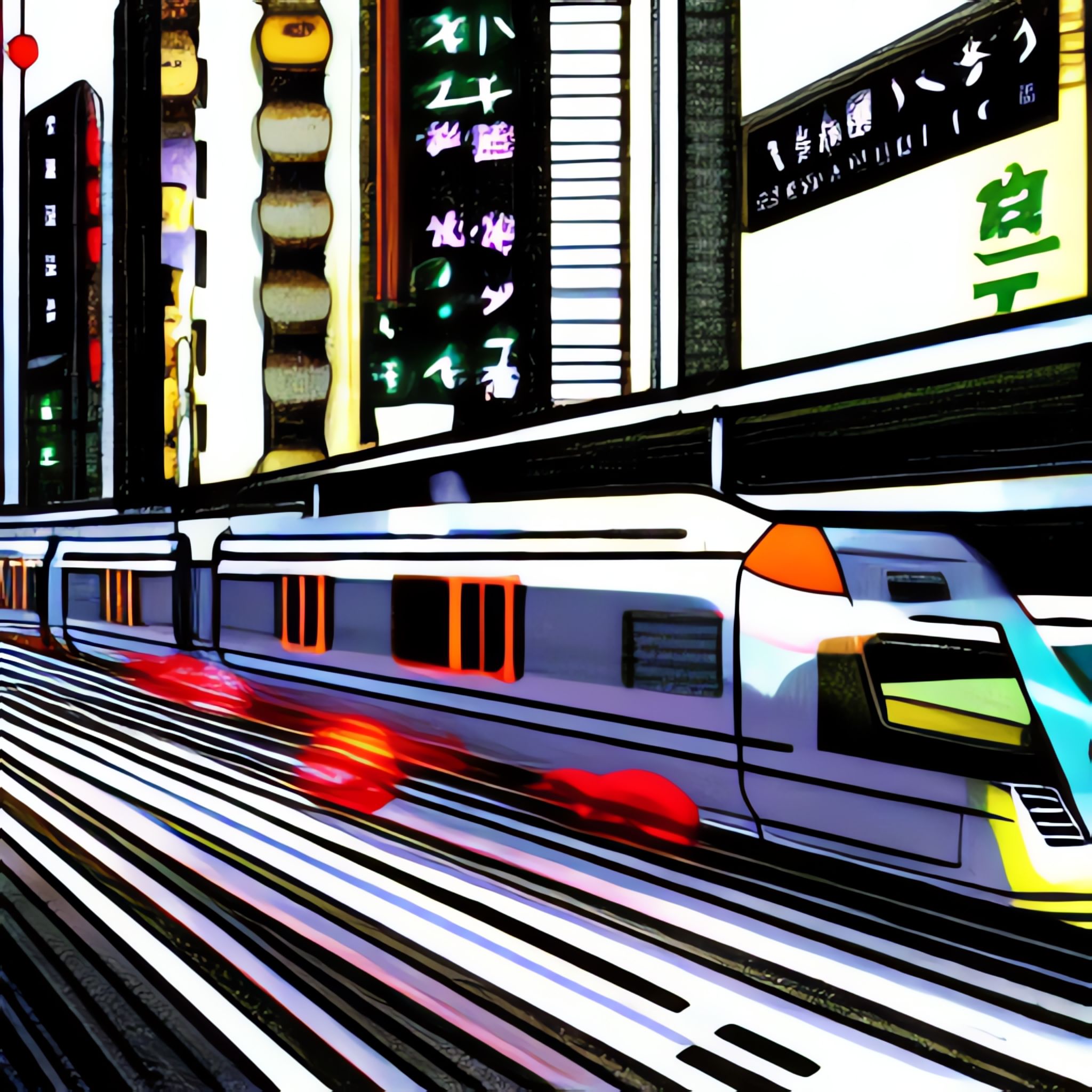 Stylized illustration of a Japanese bullet train speeding through a blurred Neo-Tokyo cityscape.