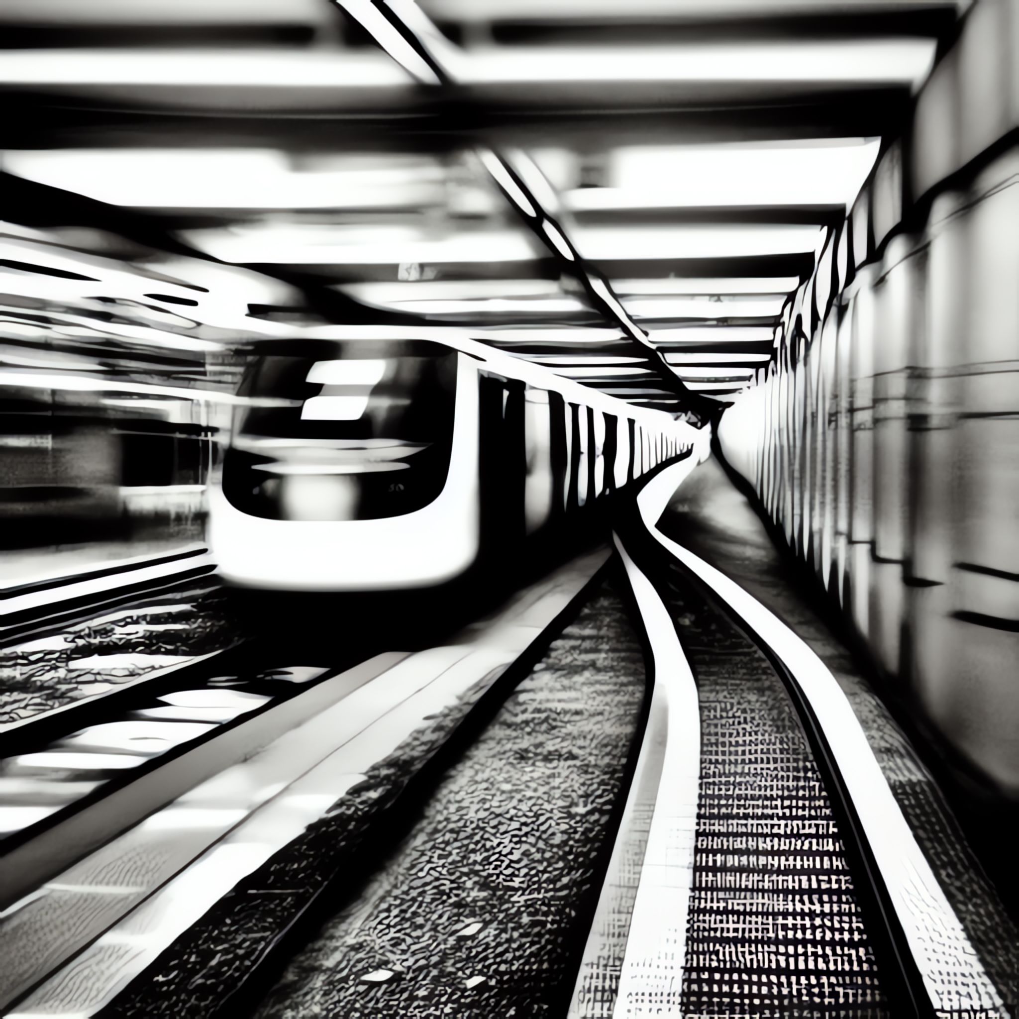 Black and white manga-style image of a high-speed train moving through a blurred tunnel.