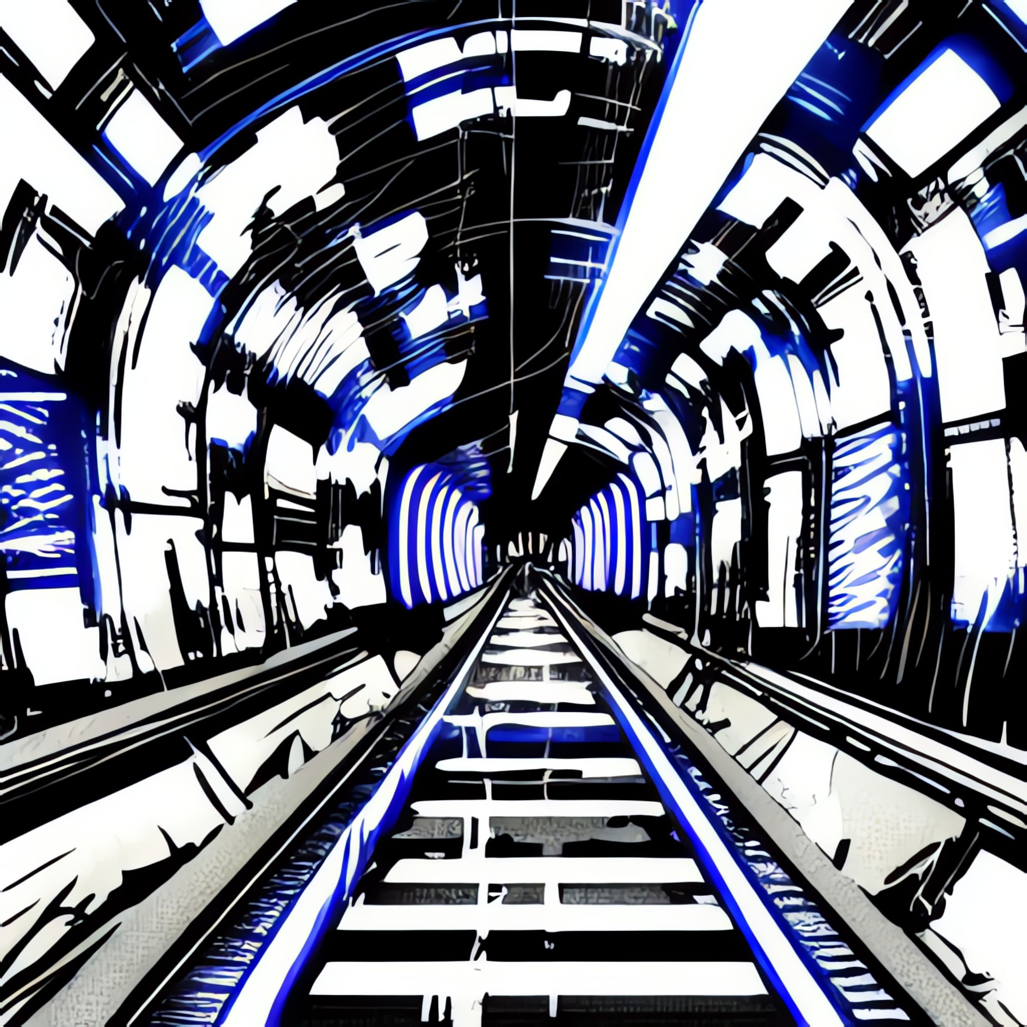 Manga-style illustration of a train track disappearing into a neon-lit tunnel.