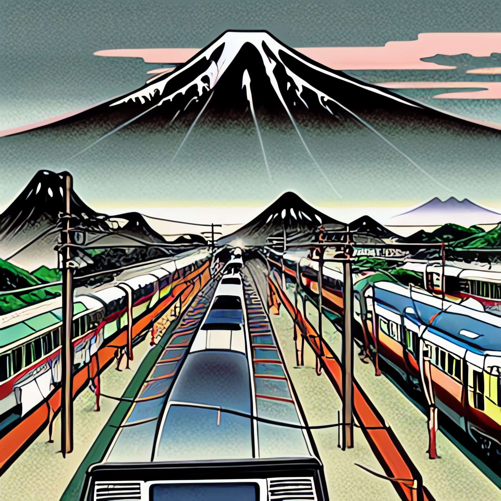 Japanese bullet trains passing Mount Fuji.