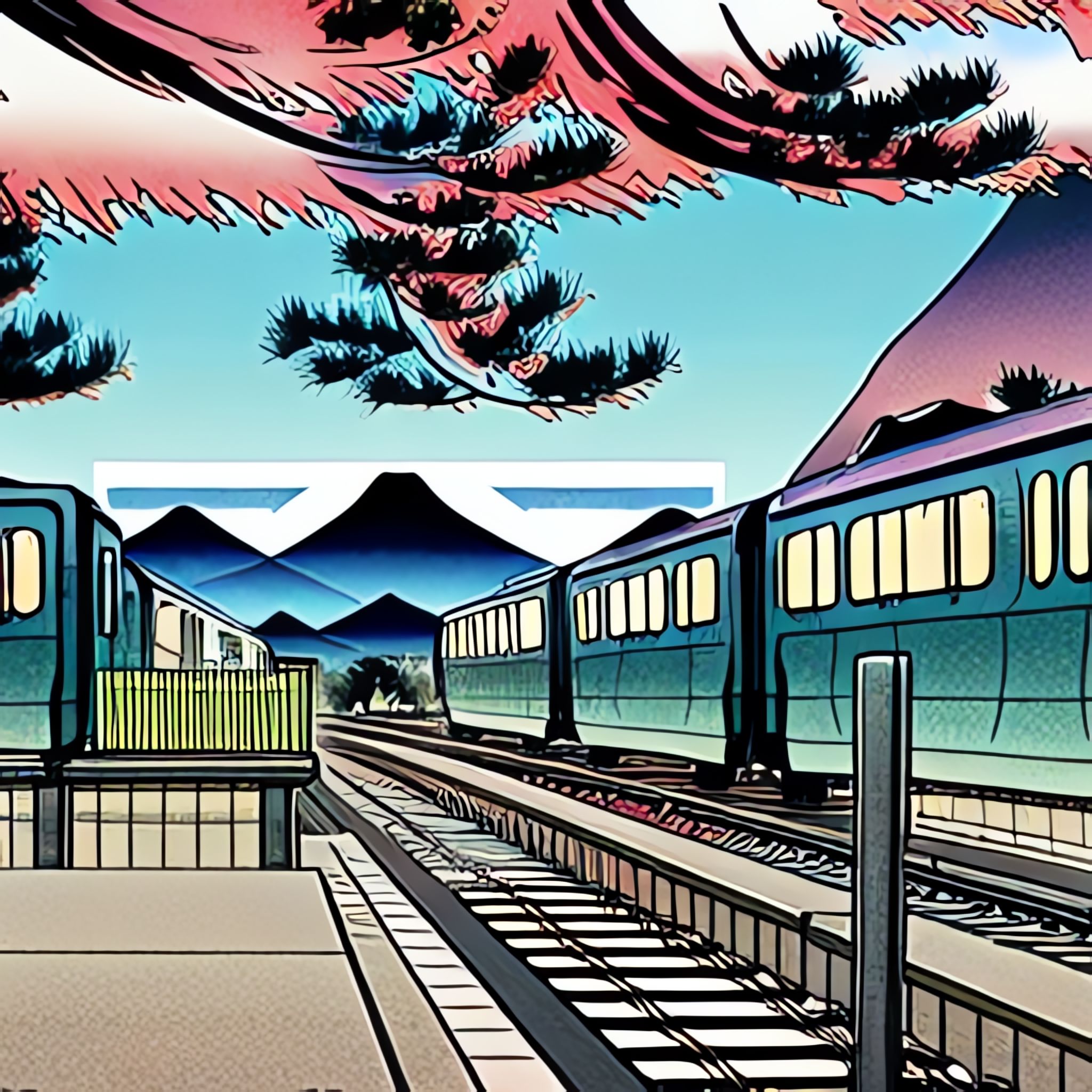 Anime-style illustration of a teal train departing from a station with mountains in the background.