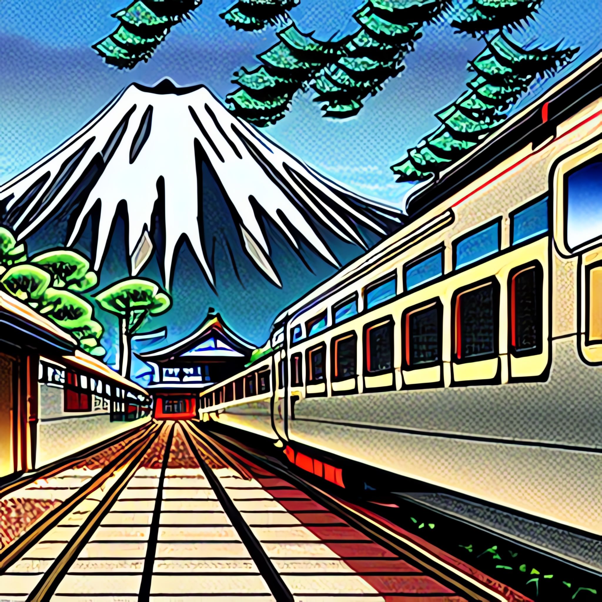 Anime-style illustration of a train departing from a station with Mount Fuji in the background.