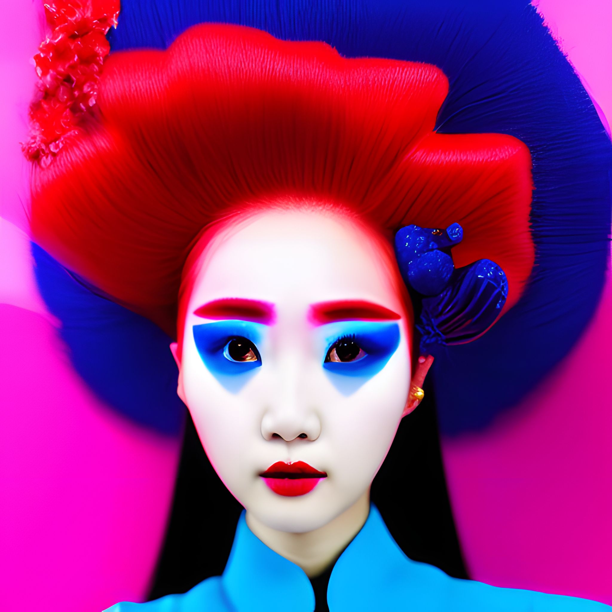 3D render of a Korean influencer wearing a vibrant blue and red Chinese-style dress and elaborate hairstyle.