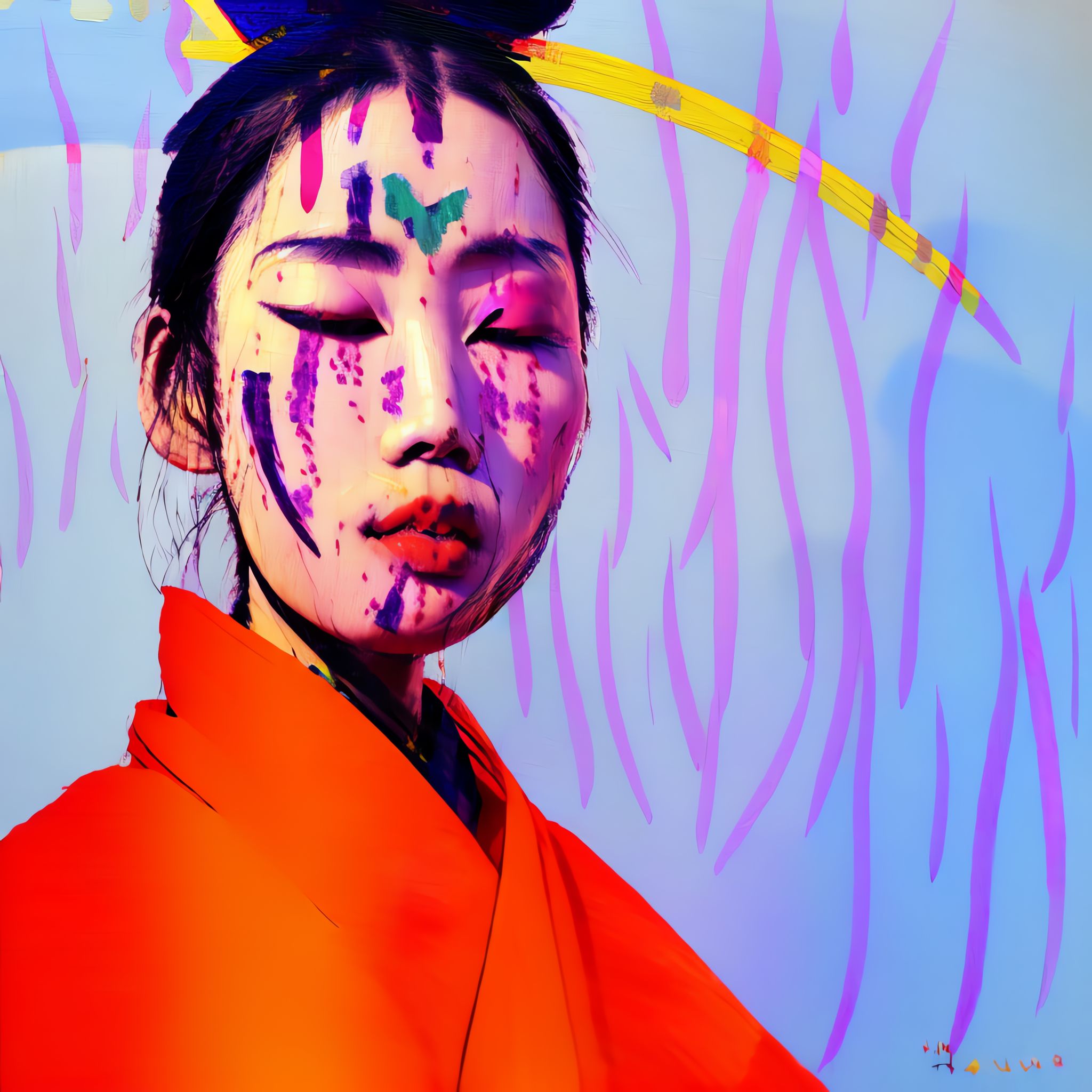 Close-up portrait of a Korean model in traditional clothing with colorful paint splatters on her face.
