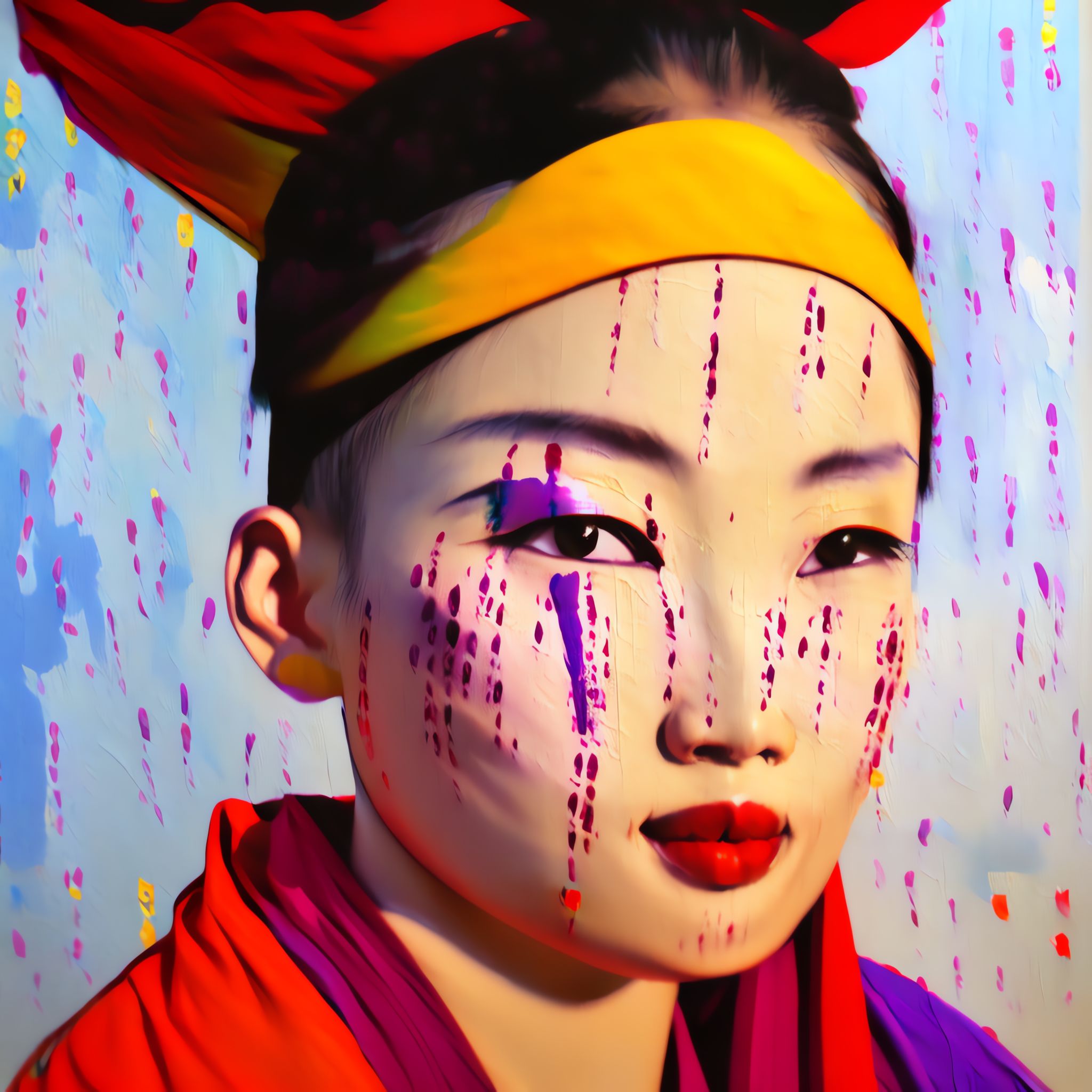 Impressionistic portrait of a Korean model in traditional clothing with purple, red, and yellow paint smeared on her face.