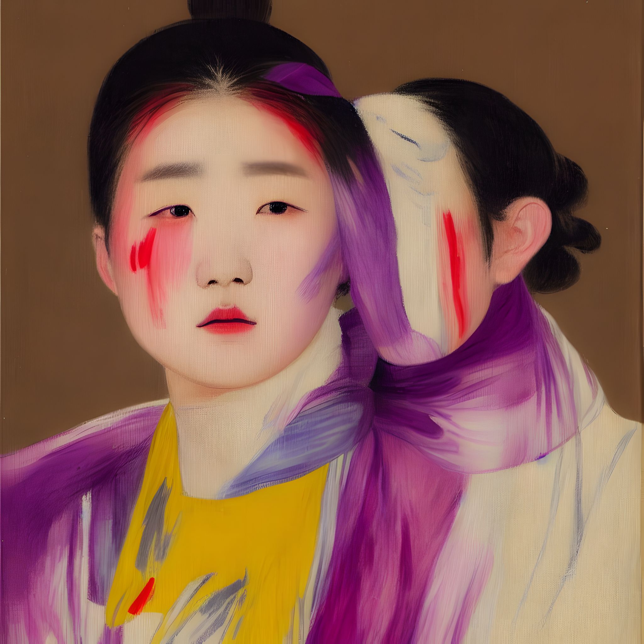 Impressionist painting of a Korean woman in traditional clothing with purple, red, and yellow paint smeared across her face.