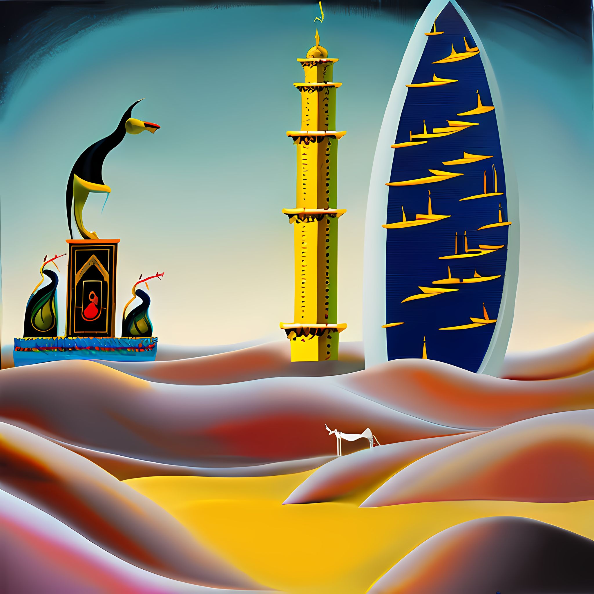 Surreal painting of Dubai: stylized minaret, building, birds, and desert.