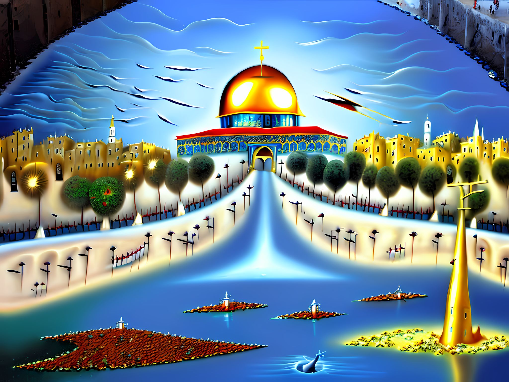 Surreal painting of the Dome of the Rock in Jerusalem.