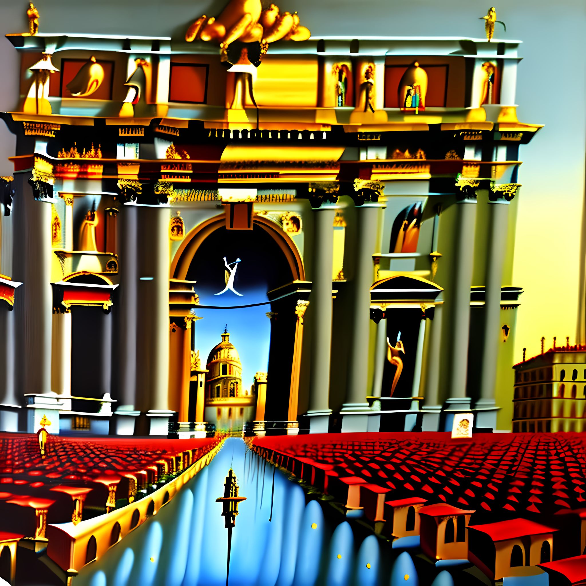 Surreal painting of a melting Roman archway with a canal and small red buildings.