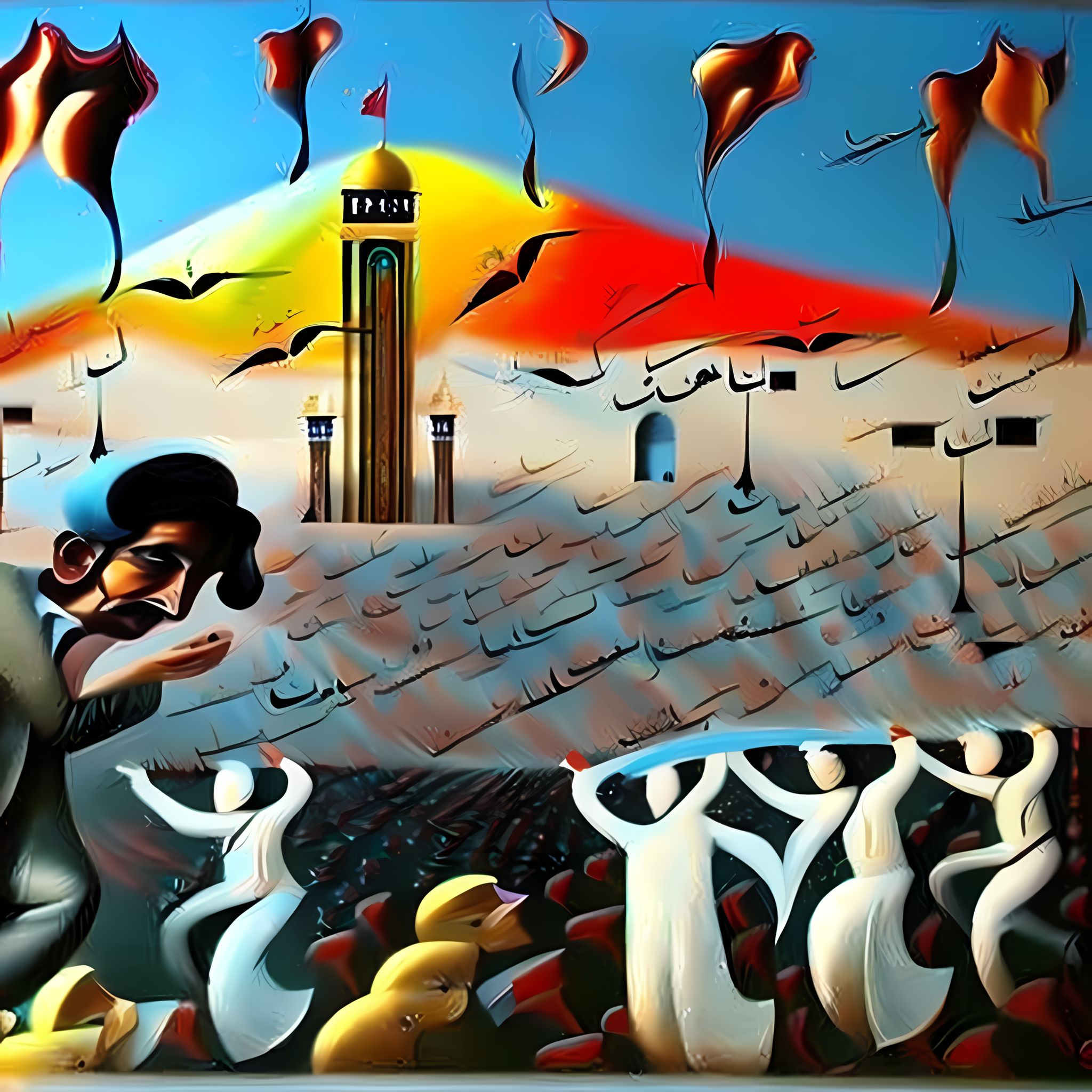 Surreal painting depicting the Iranian Revolution, featuring abstract figures and Arabic calligraphy.