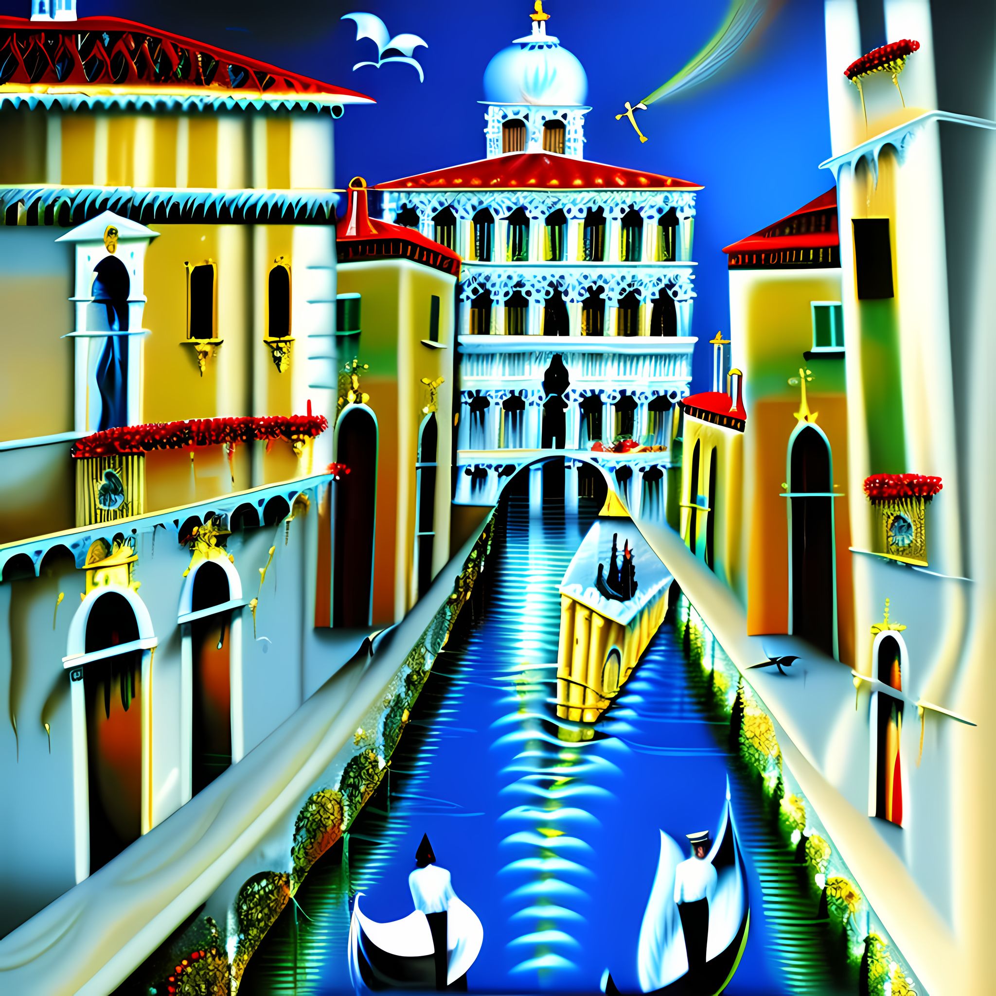 Surreal painting of a Venetian canal scene with gondolas and colorful buildings.