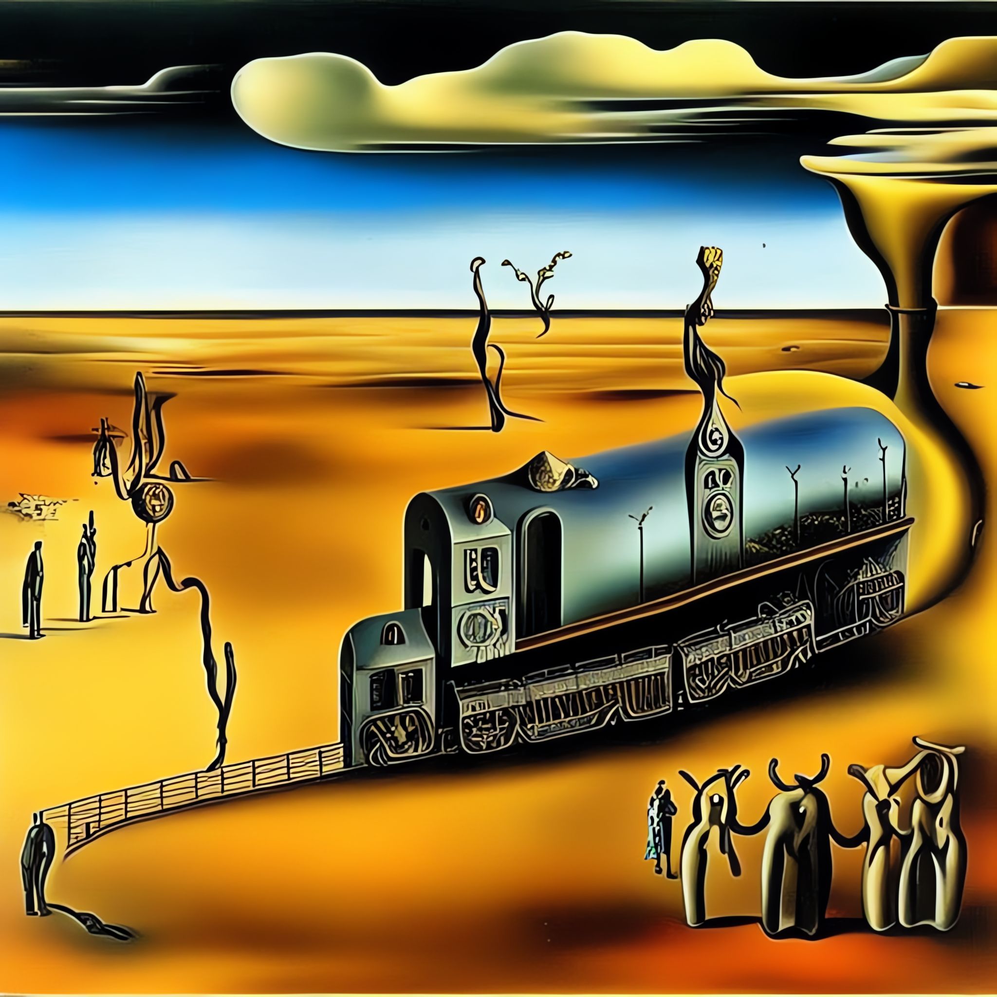 Surrealist painting of a melting train in a desert landscape.