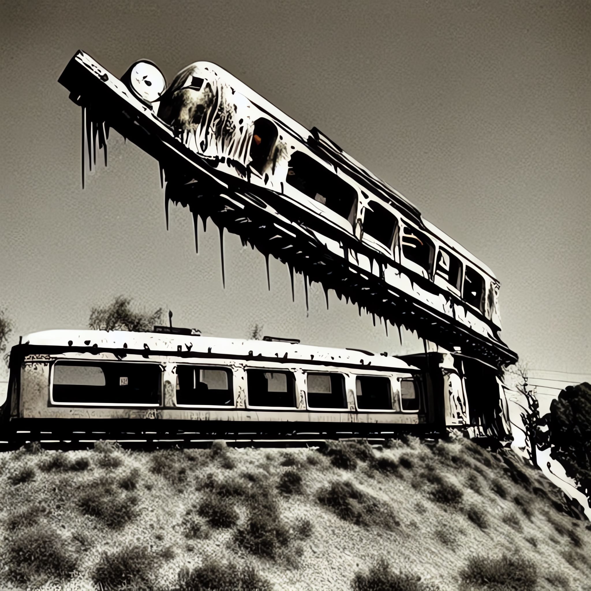 Surrealist image of a melting vintage train car on top of another train car.