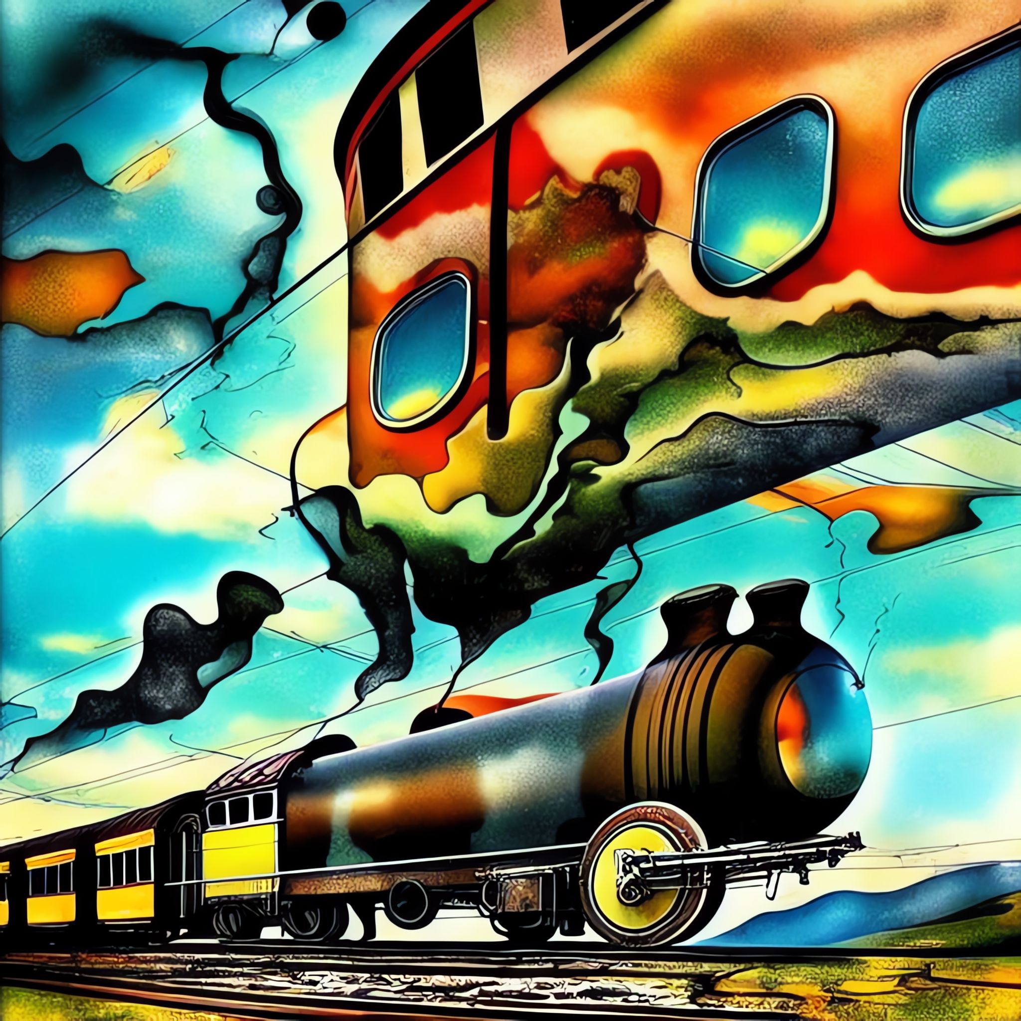 Surreal painting of a train passing under a melting, vintage train car.