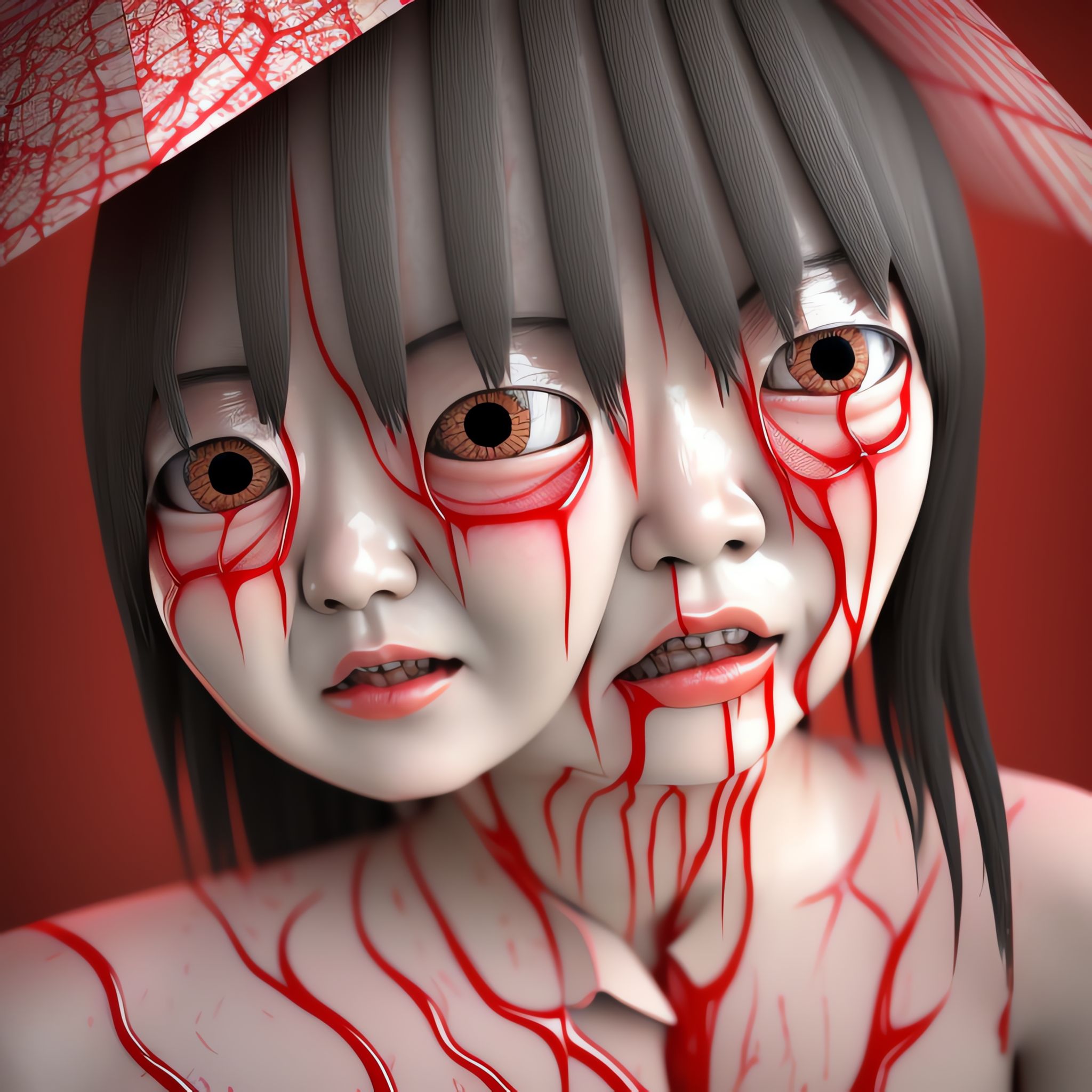 3D render of a melting face of a Japanese girl with red liquid dripping down her face.