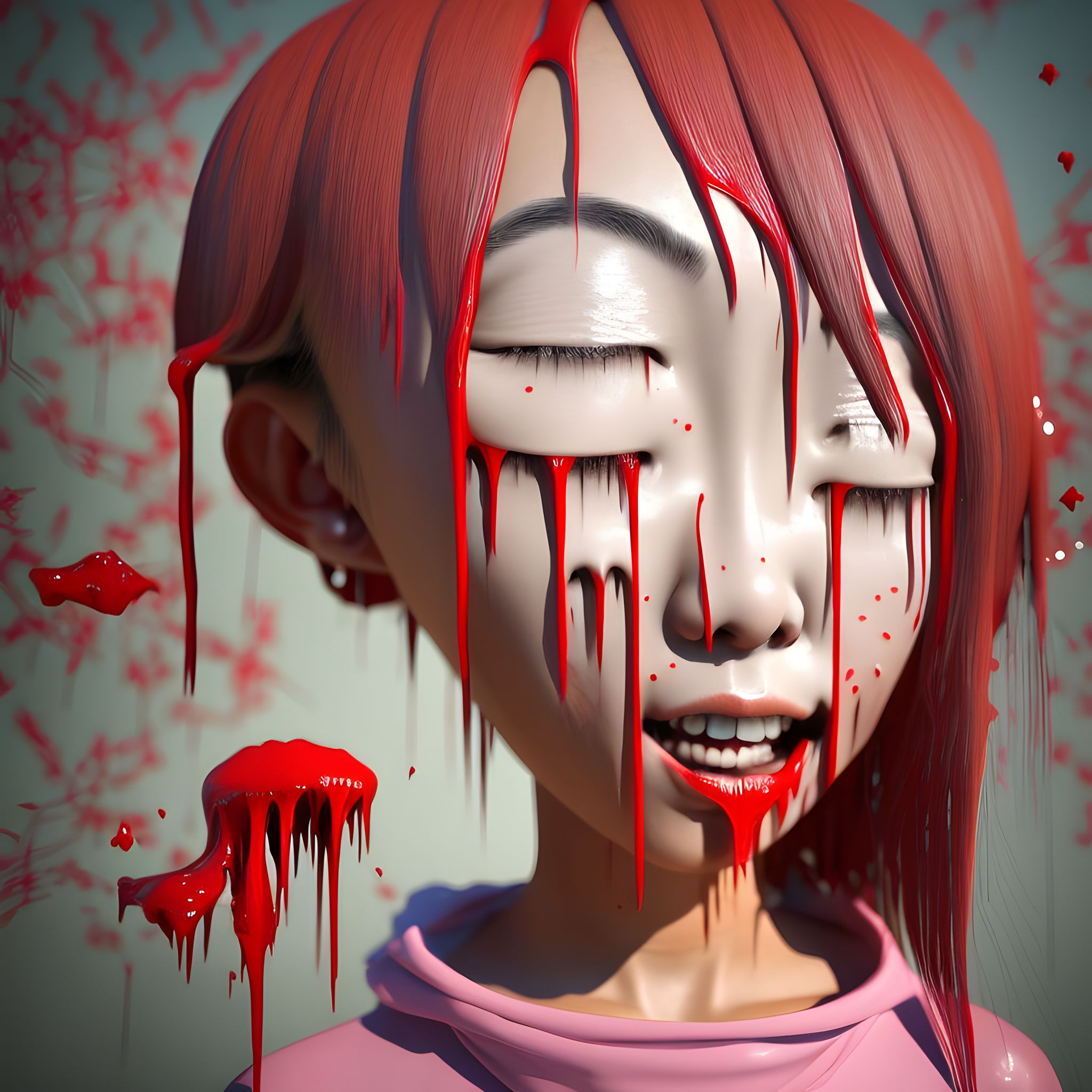 3D render of a girl's face covered in red paint.