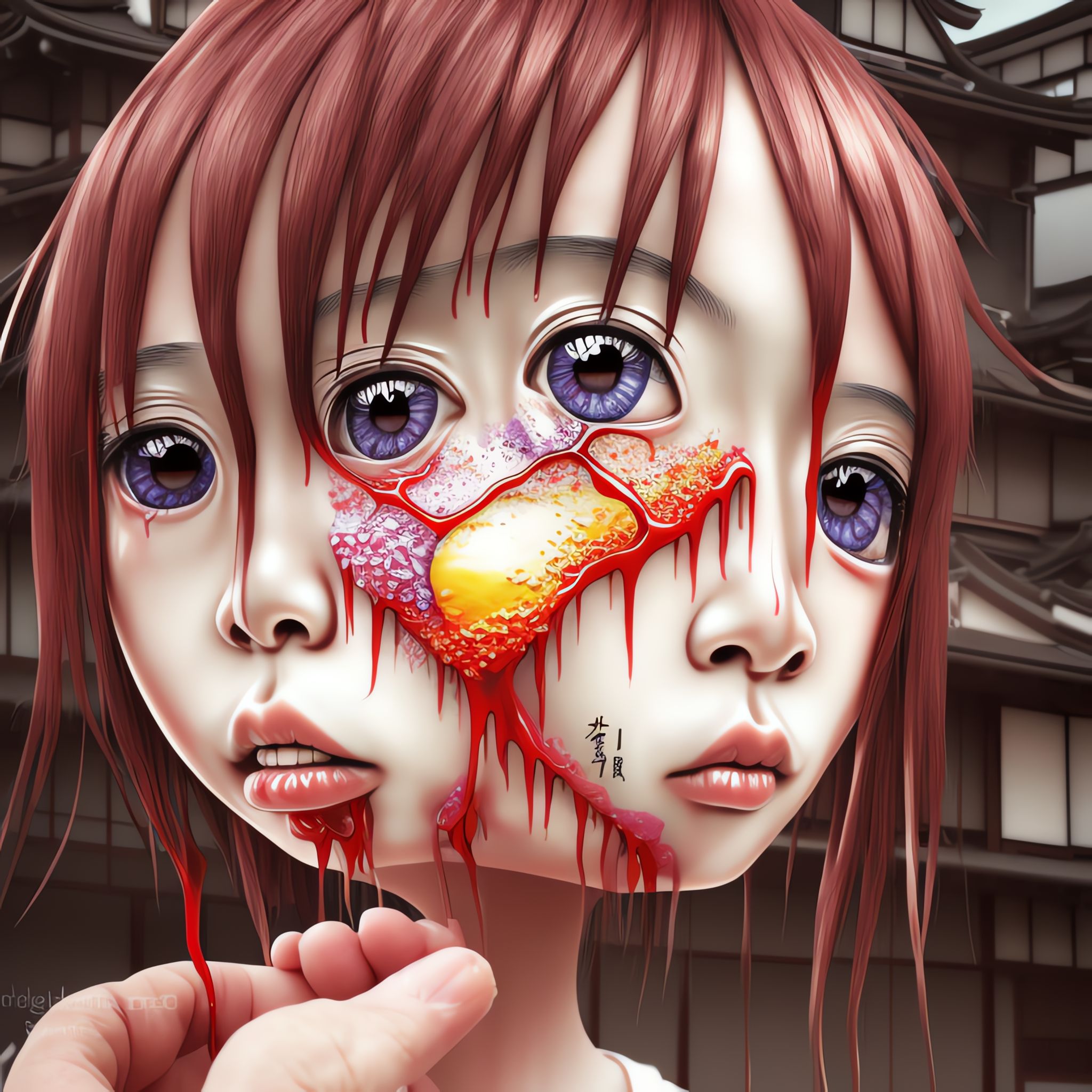 3D CGI artwork of a girl with a melting face, blood dripping from her nose and mouth.