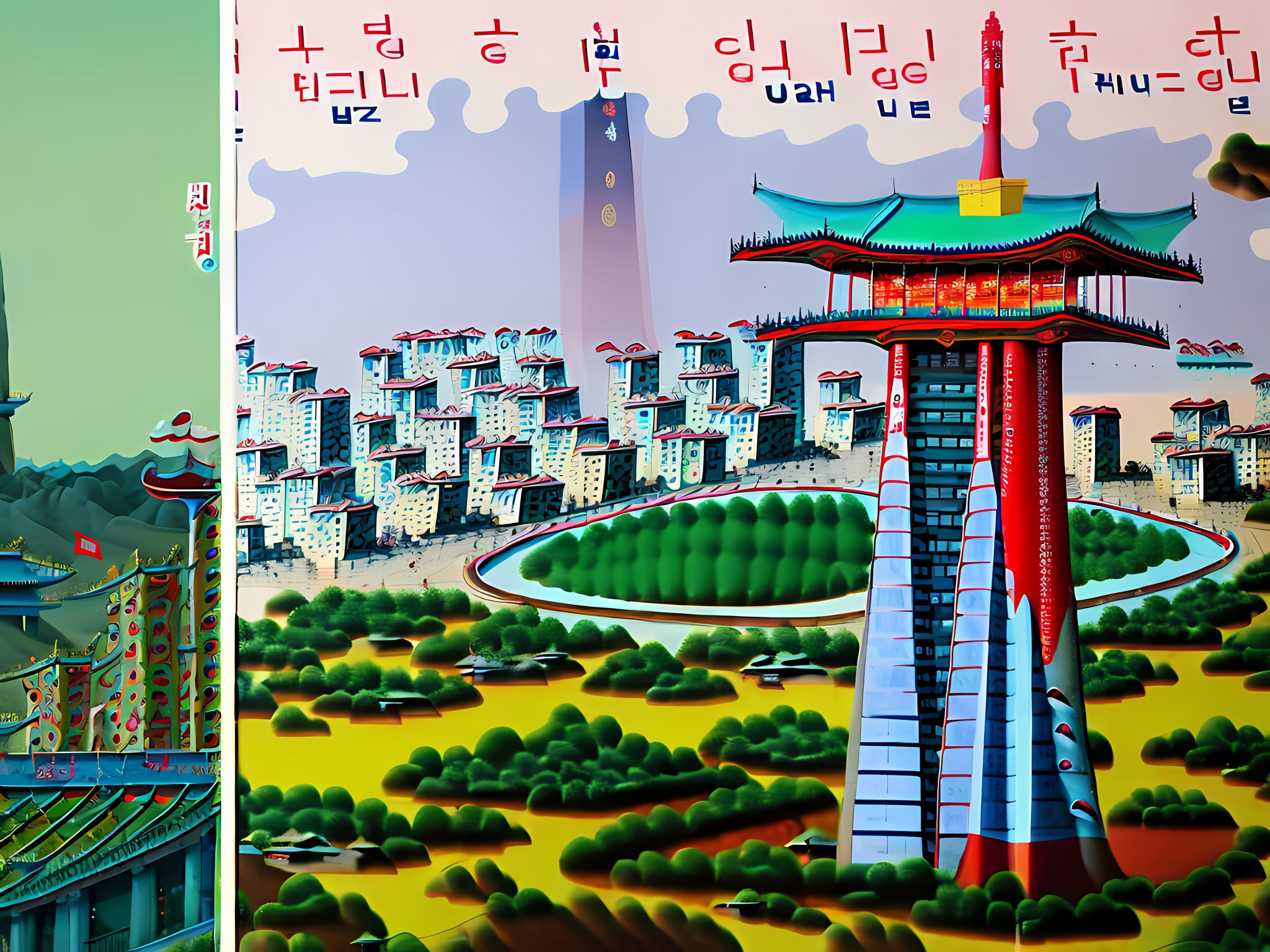 Painting of Pyongyang cityscape with a tall, stylized tower at center.