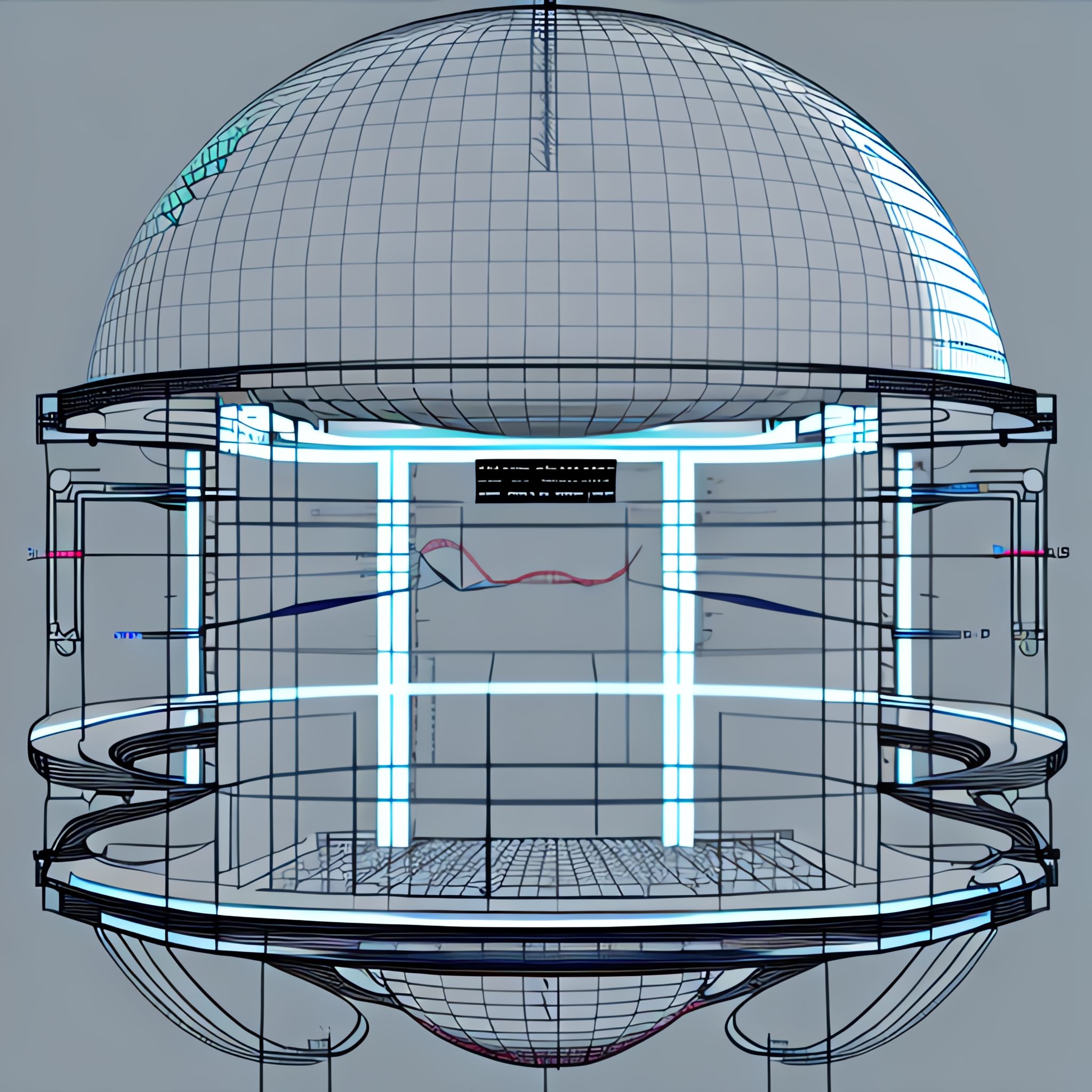 Technical drawing of a futuristic, spherical metaverse structure.