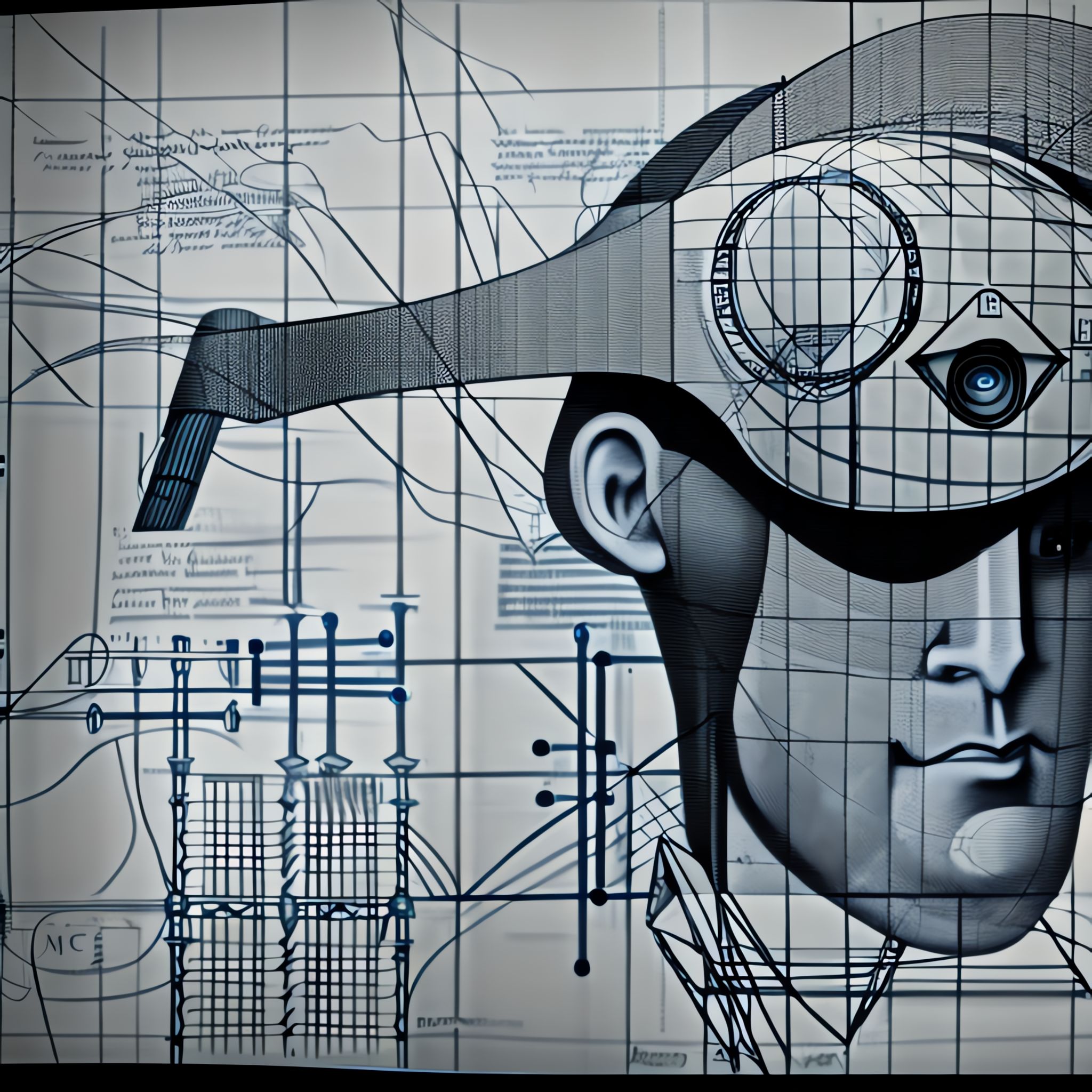 Da Vinci-esque technical drawing of a head wearing a futuristic VR headset.