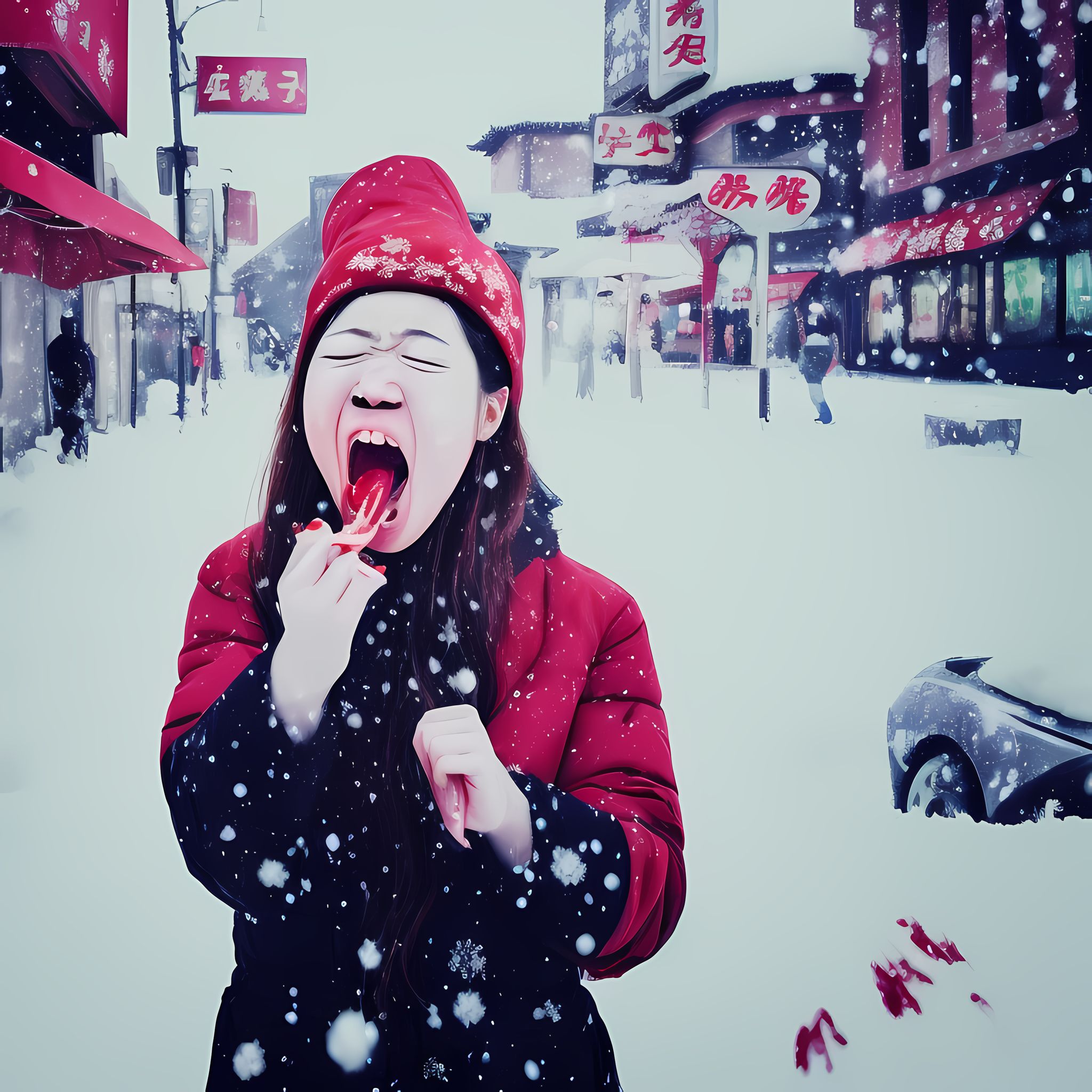 Woman in red coat eating red popsicle in snowy Chinese street.