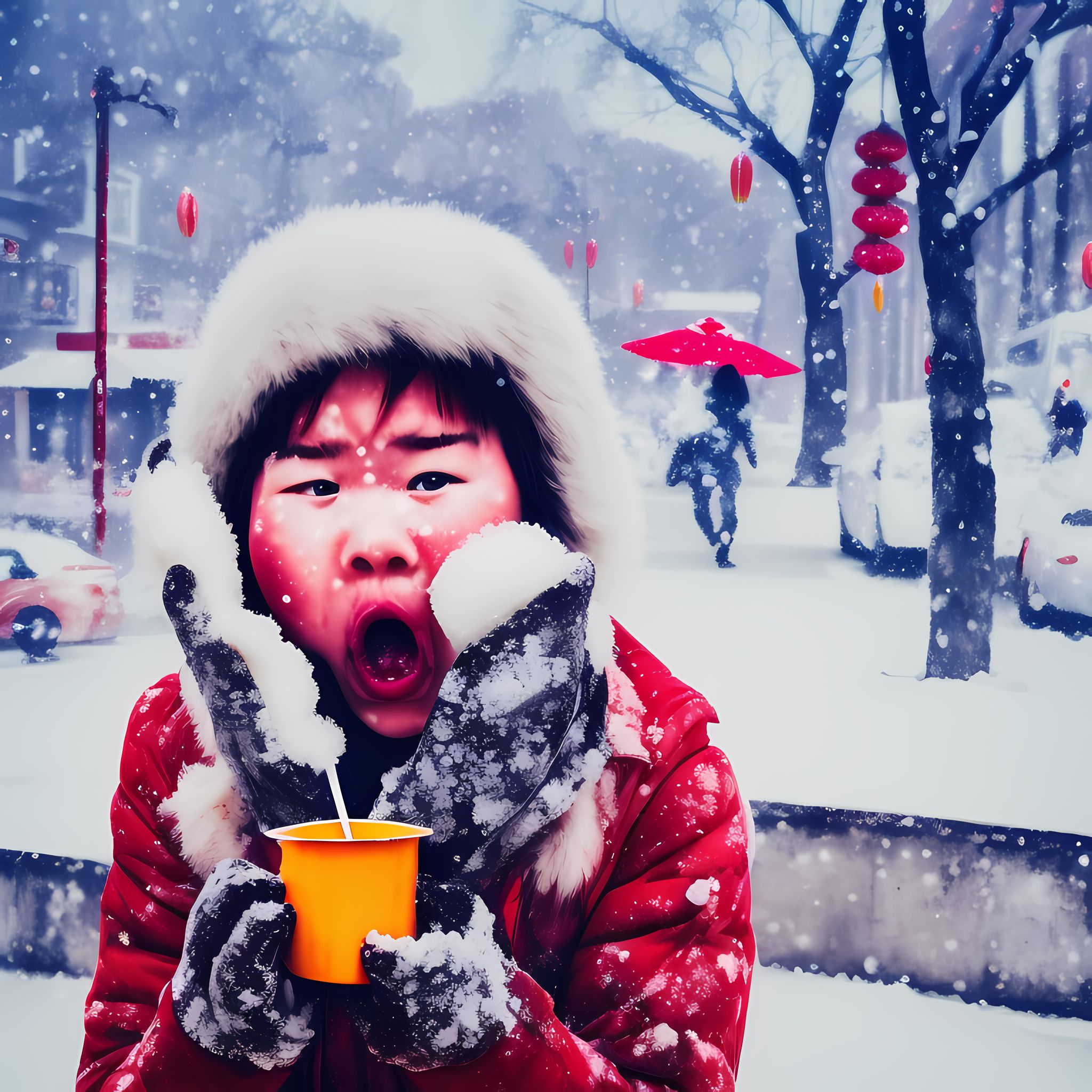 A young girl in a red coat and white fur hat eats cotton candy in a snowy street scene.