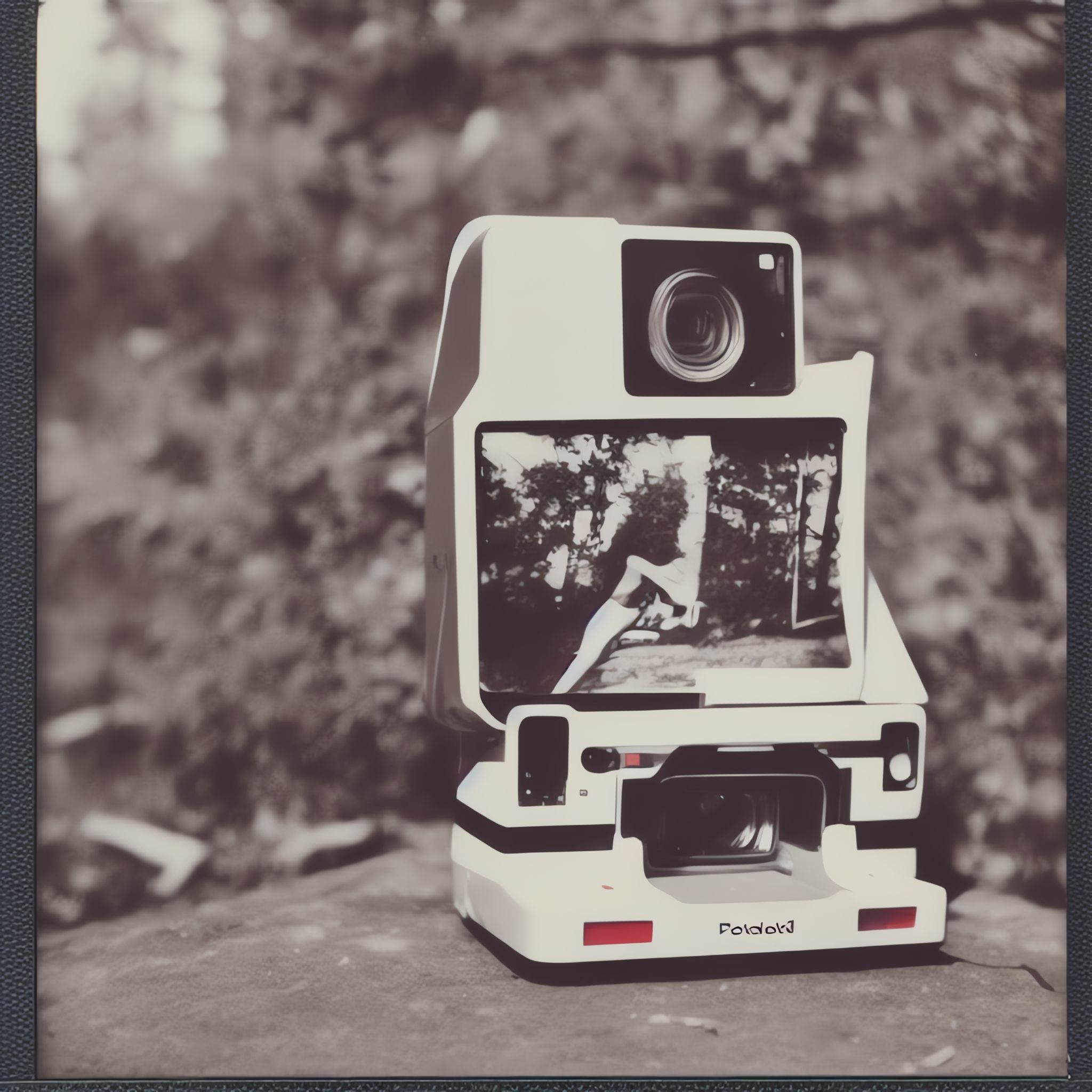 Polaroid camera from the 1980s with a developed photo showing a person.