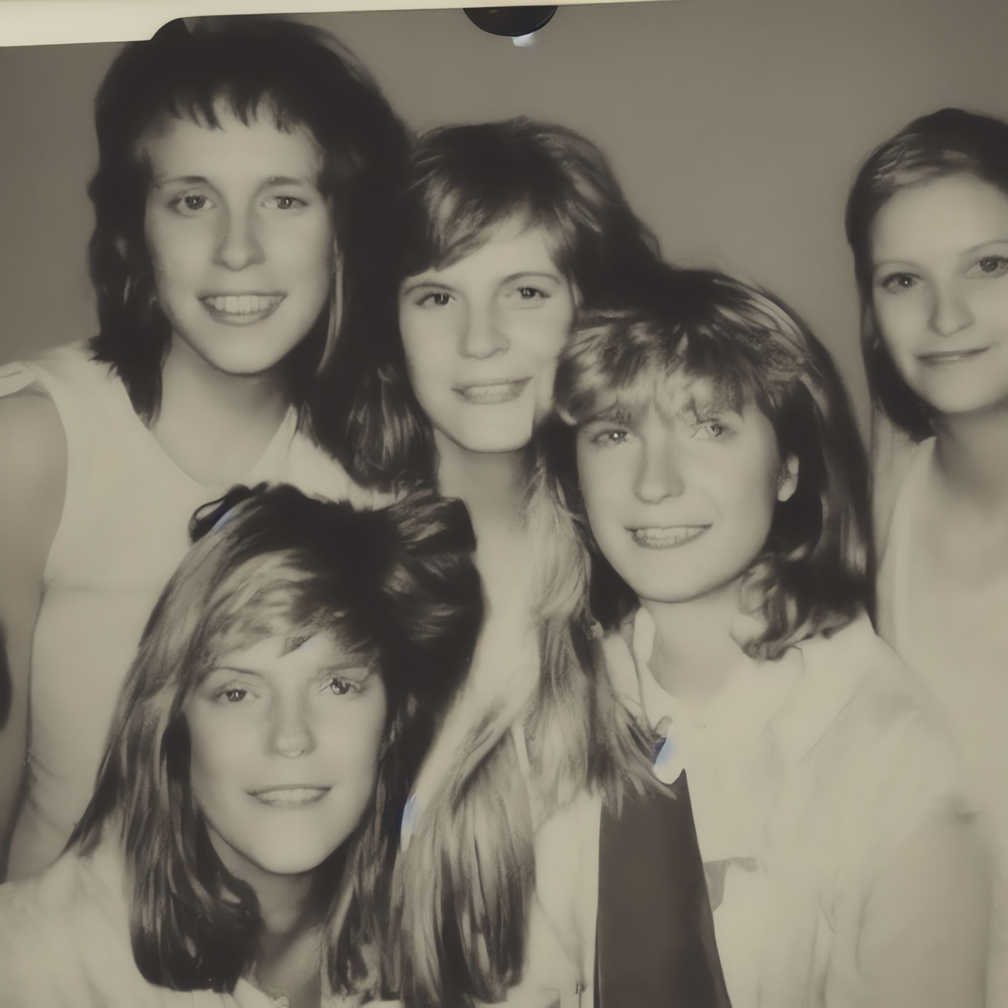 Black and white Polaroid photo of four young women from the 1980s.