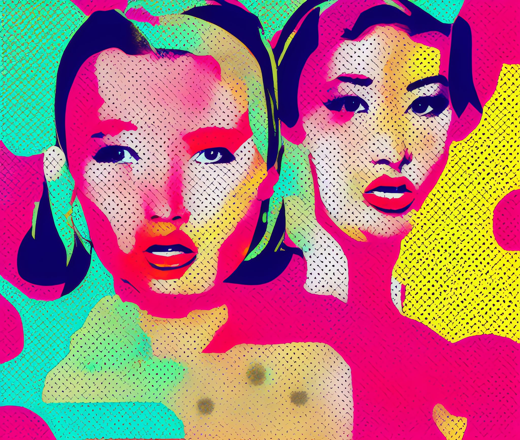 Pop art portrait of two Asian women in vibrant colors.