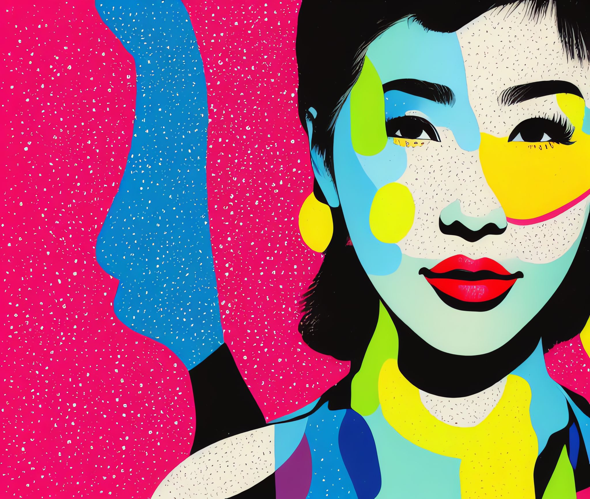 Pop art portrait of an Asian woman with colorful, abstract features.