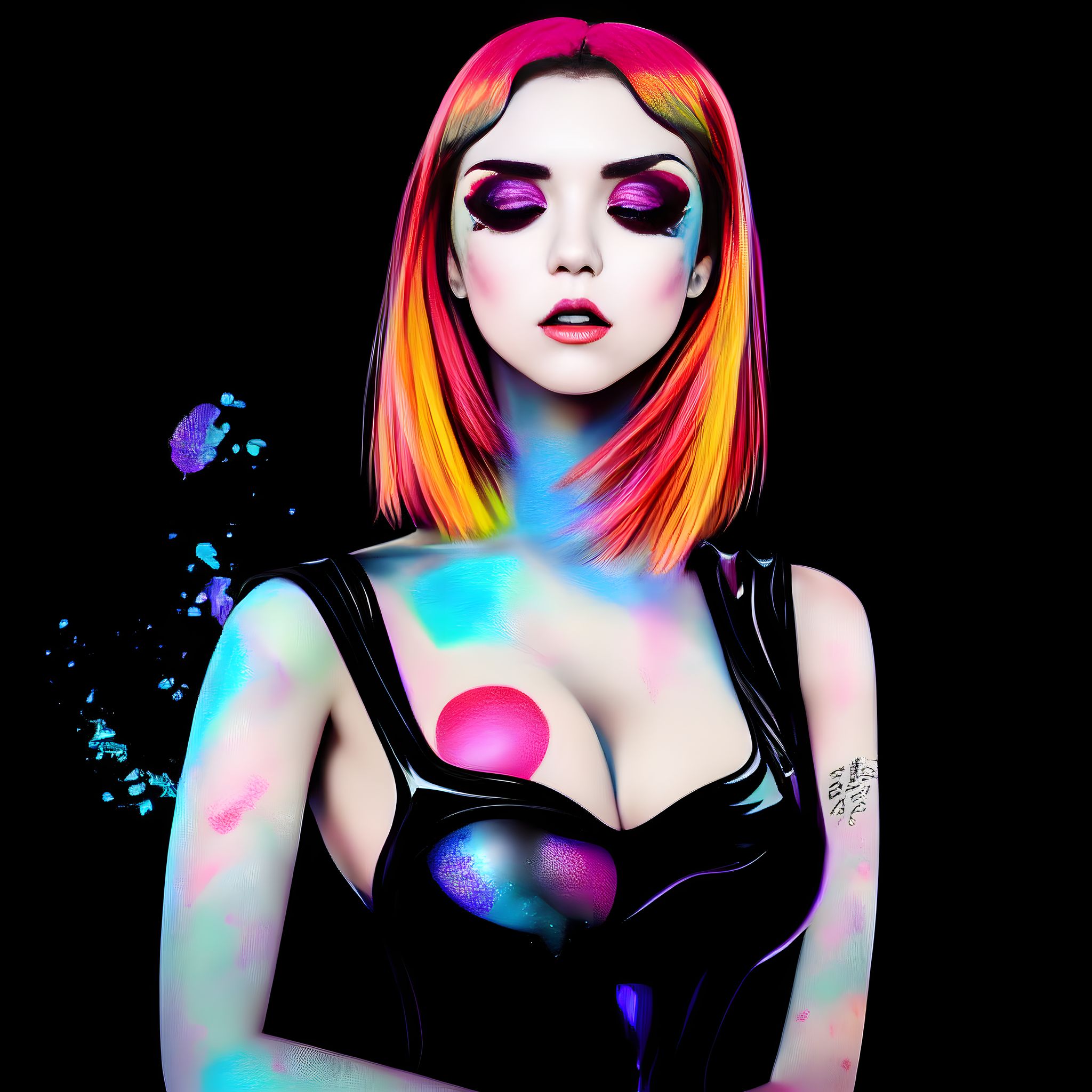 Portrait of a woman with colorful makeup and hair, manga art style.