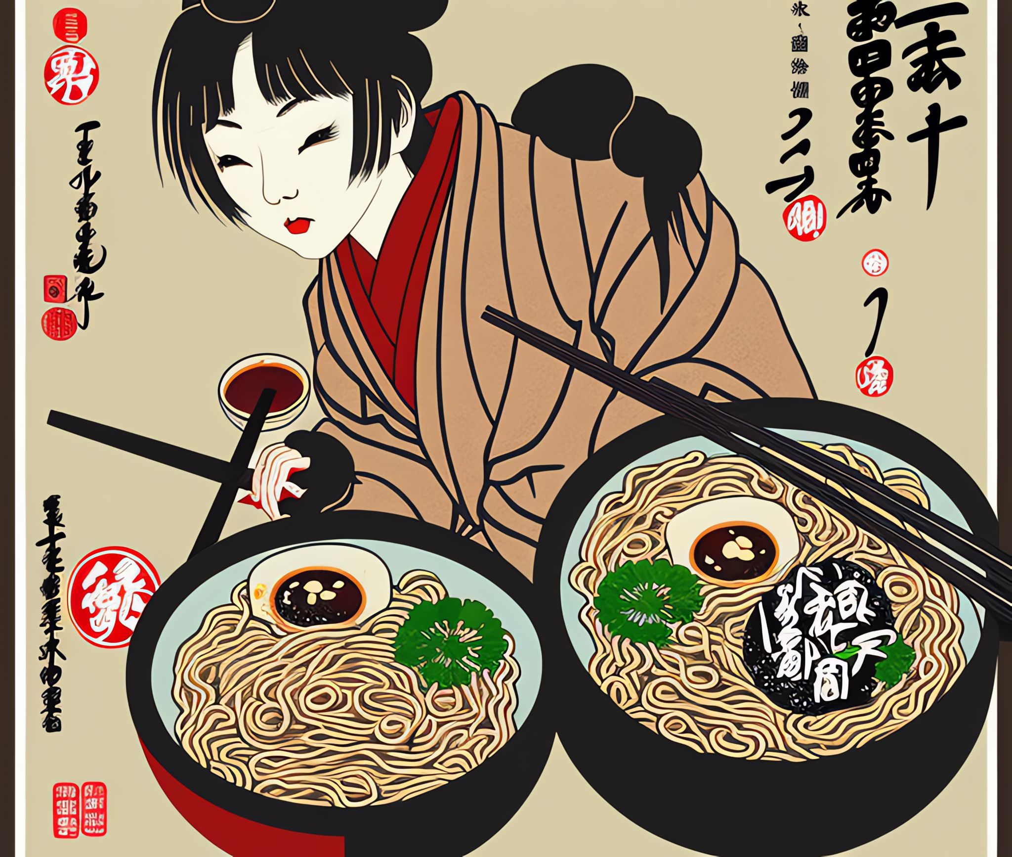 Vintage-style illustration of a Japanese woman serving two bowls of ramen.
